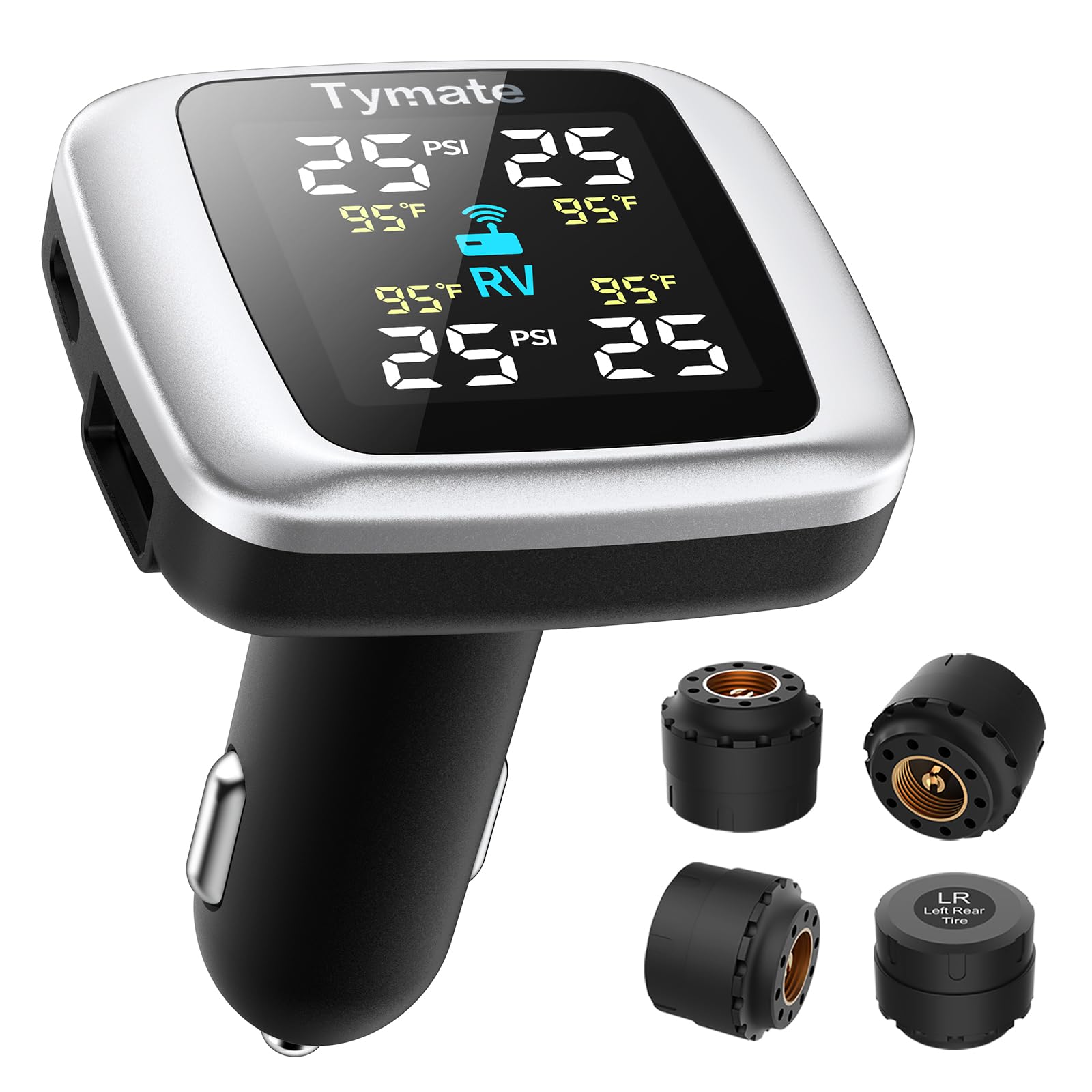 Tymate TM7 monitor front view showing readable tire data and fast alerts