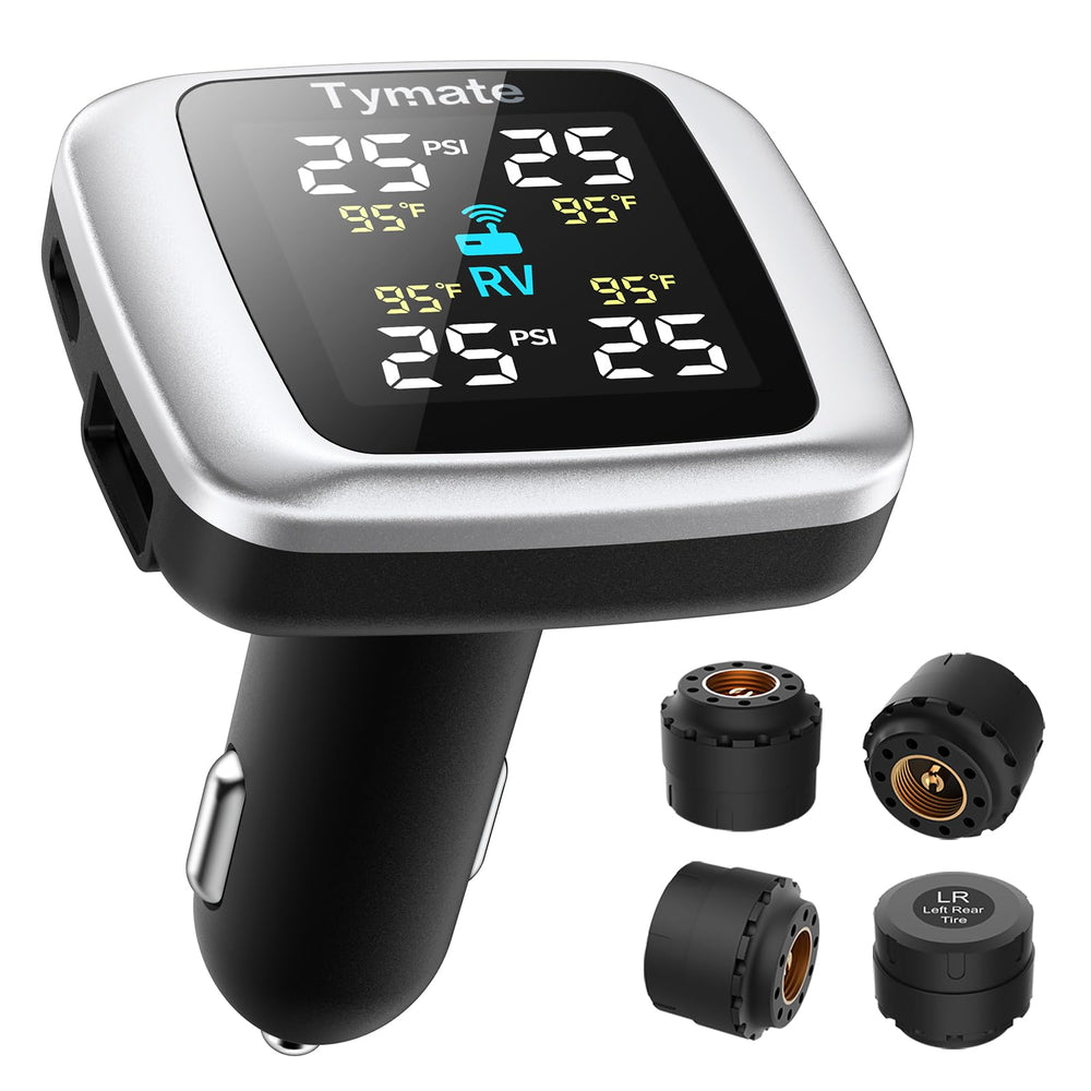 Tymate TM7 monitor front view showing readable tire data and fast alerts