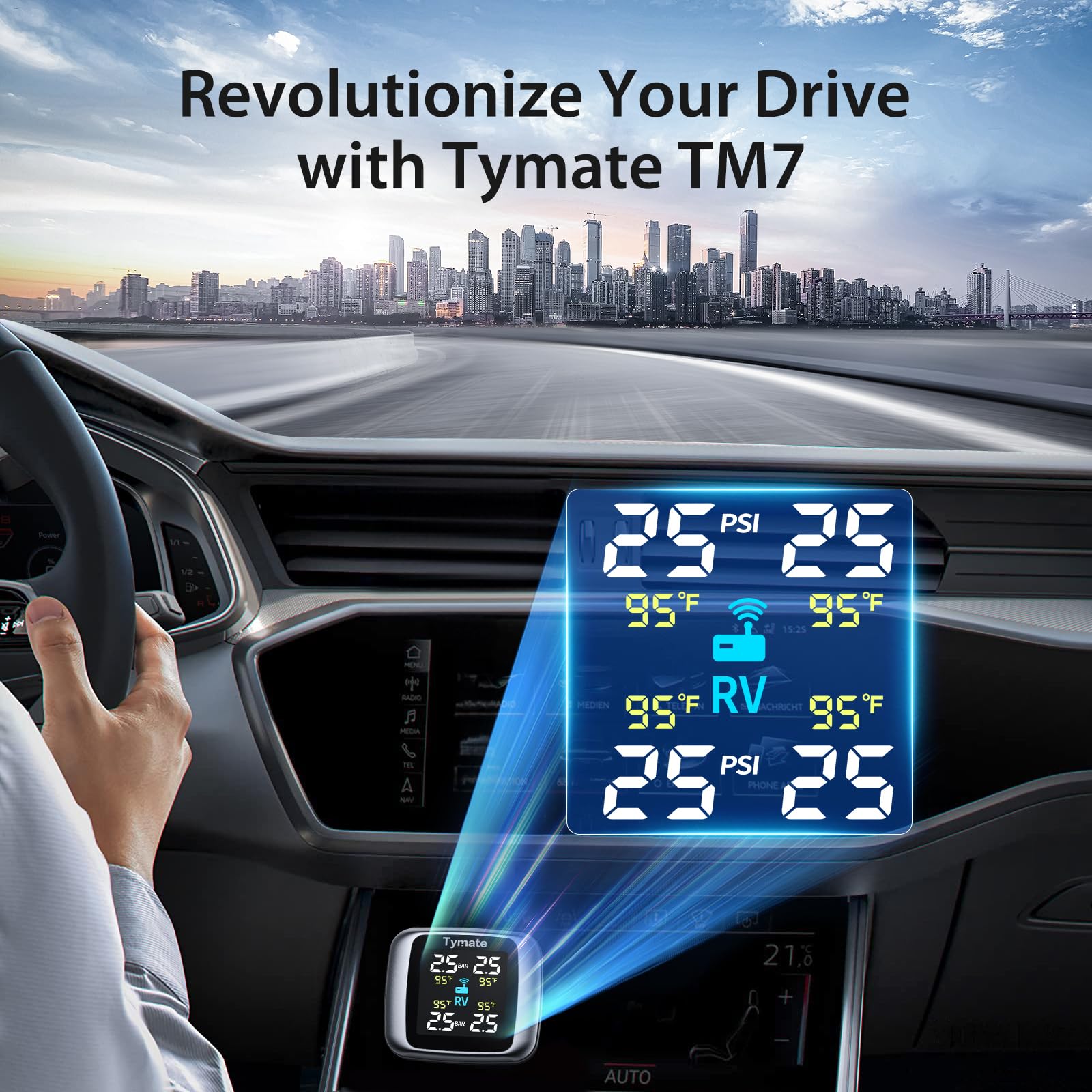 Tymate sensor close-up on metal valve stem showing secure fit and durability