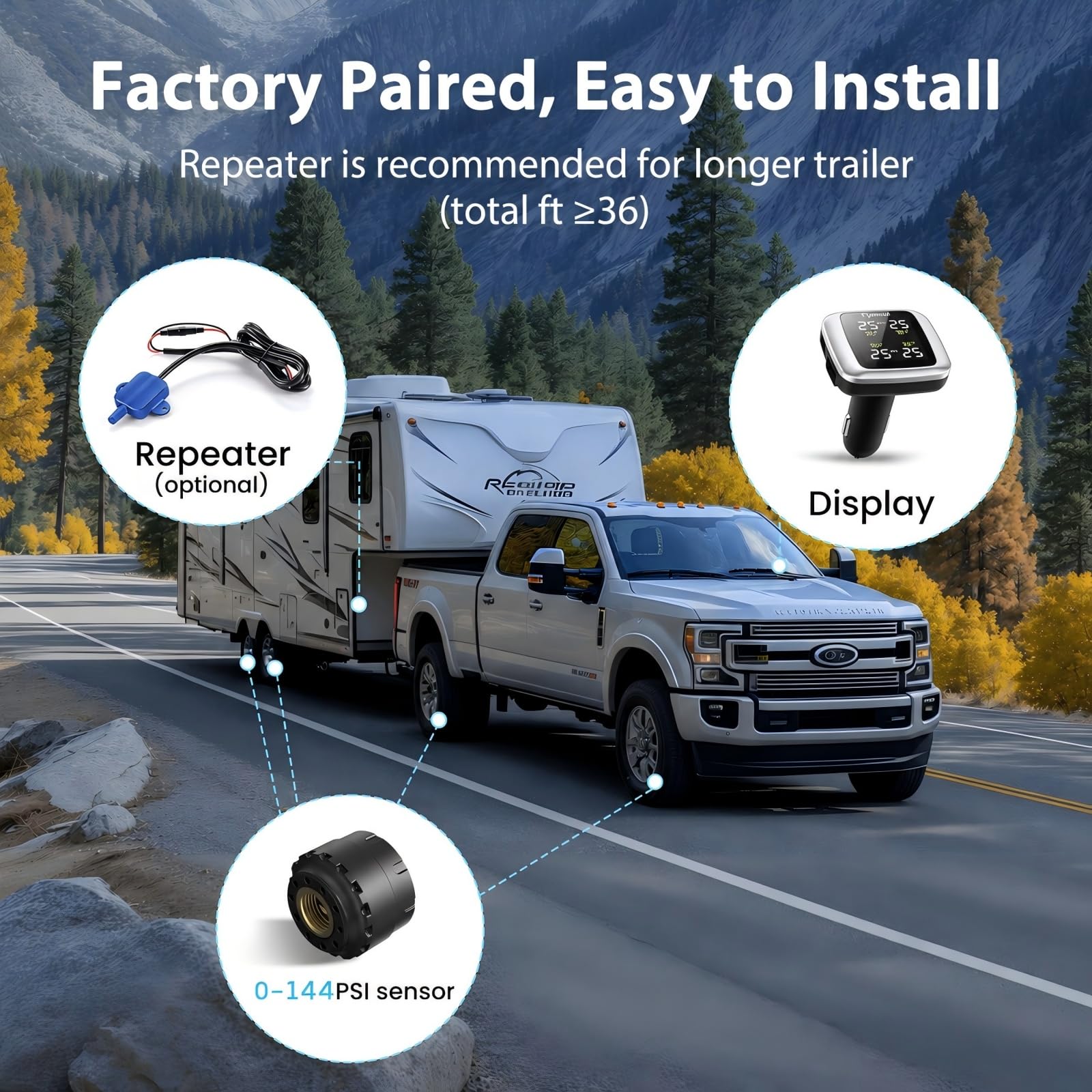 Tymate external sensor mounted on tire illustrating easy screw-on installation