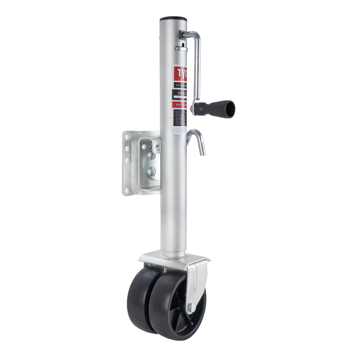 TYT front view mounted trailer jack showing sturdy fit and easy use