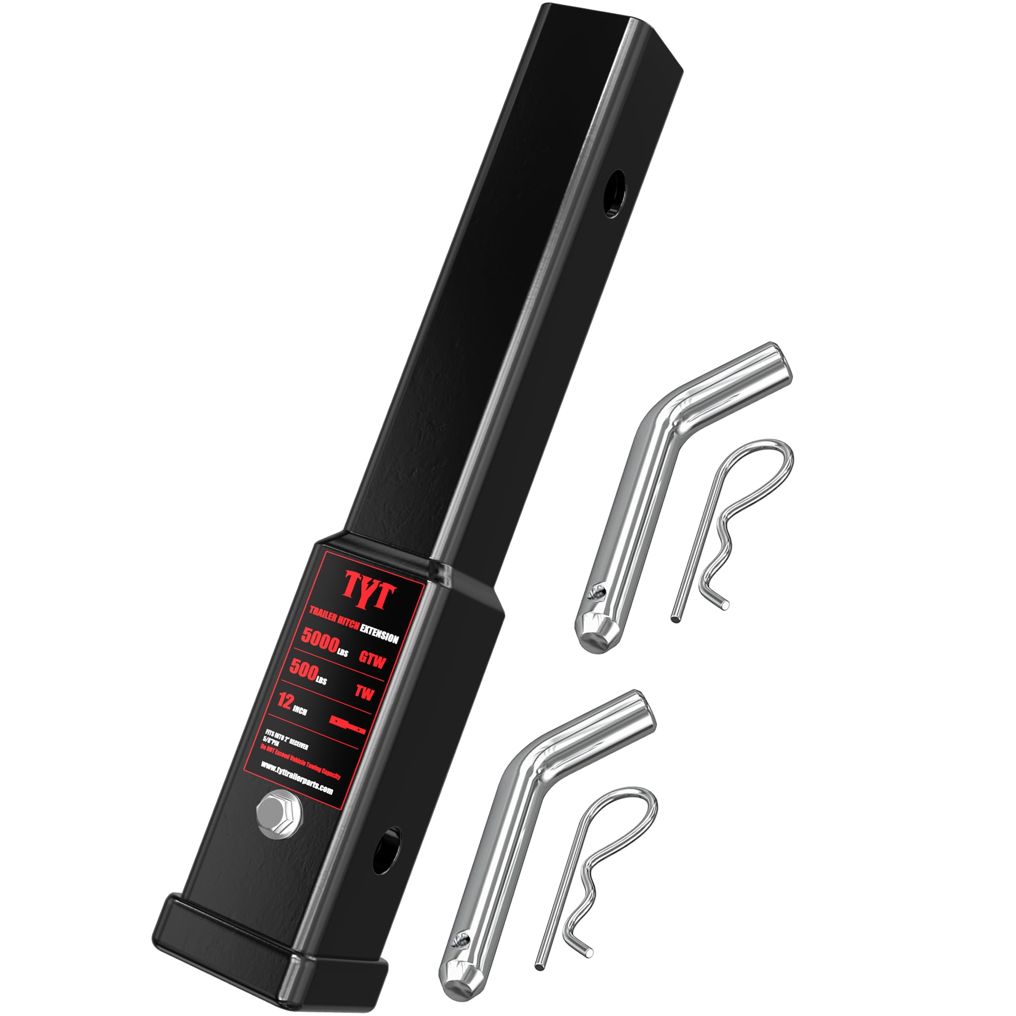 TYT hitch extender front view showing robust steel and secure fit benefit