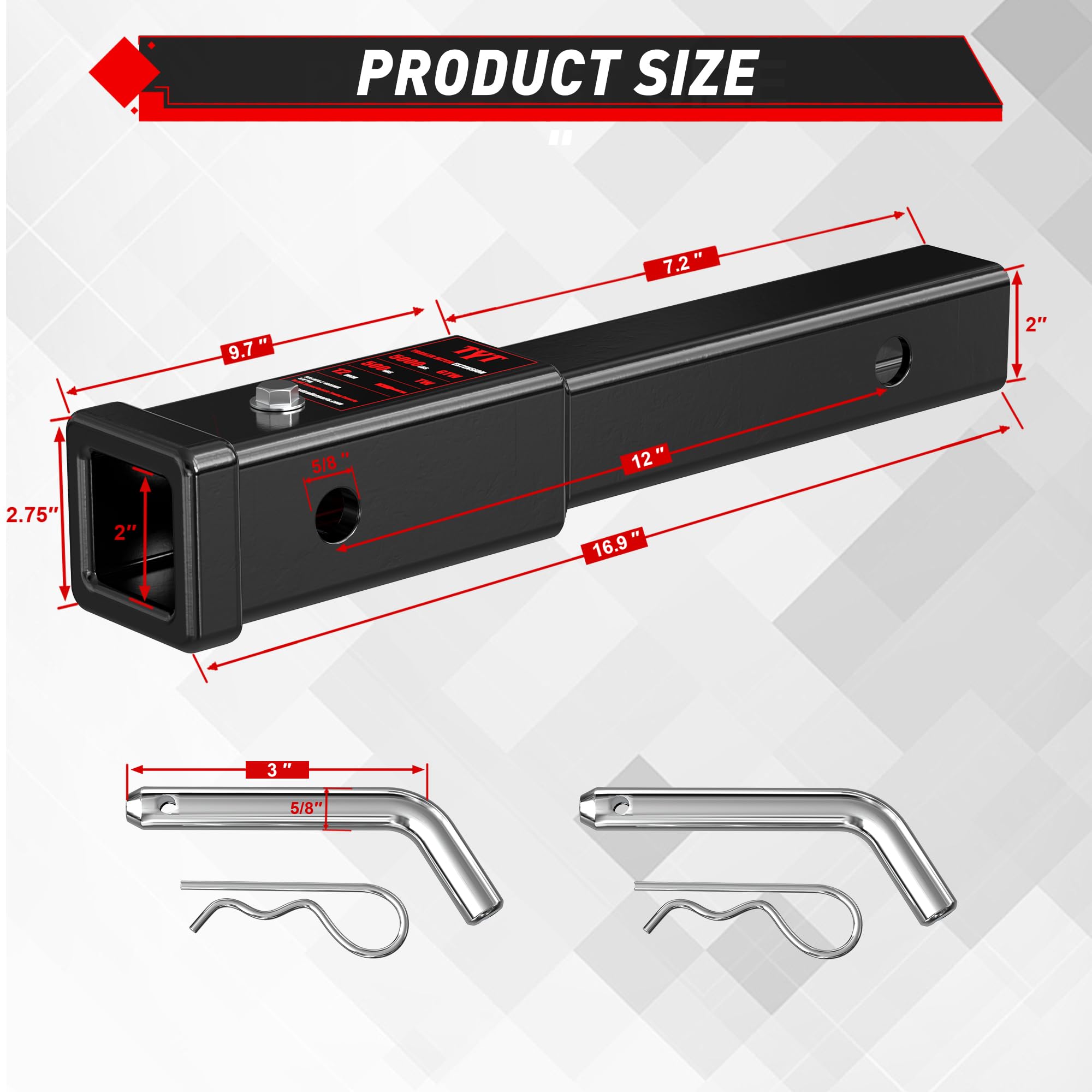 TYT hitch extender side profile highlighting 12-inch extension for clearance