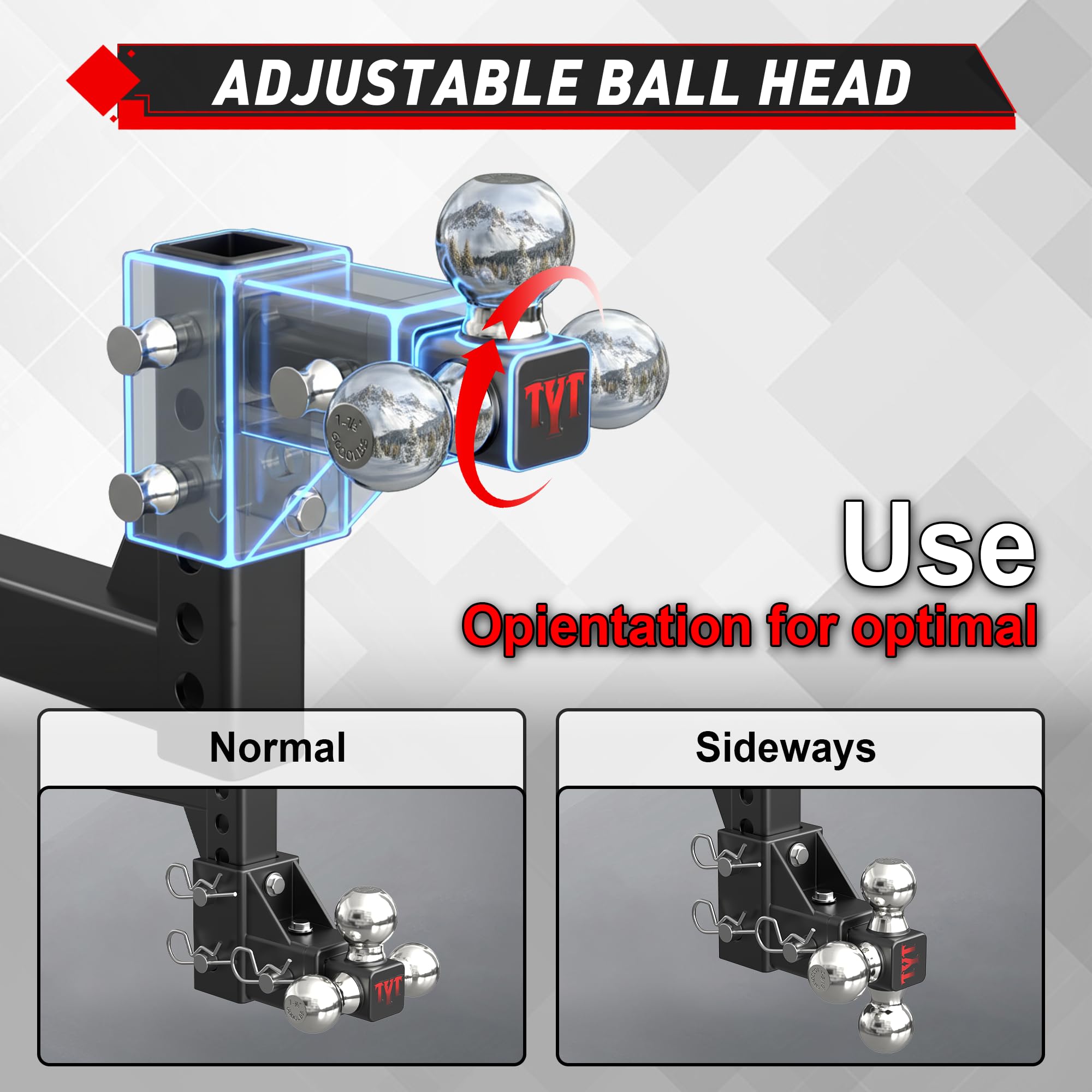 TYT hitch pin lock detail showing included security hardware for theft deterrence