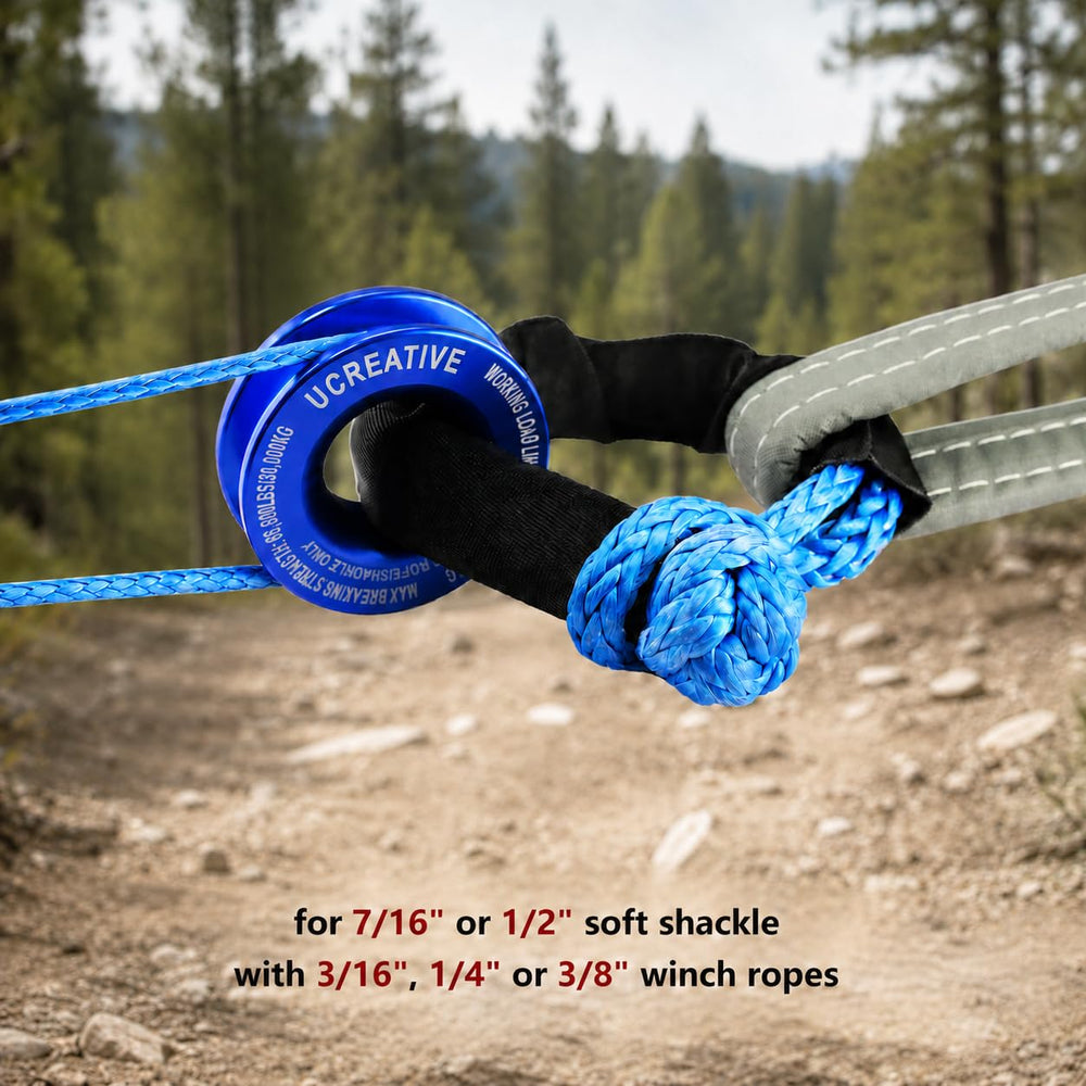 Ucreative UHMWPE soft shackles closeup showing flexible braid and strength