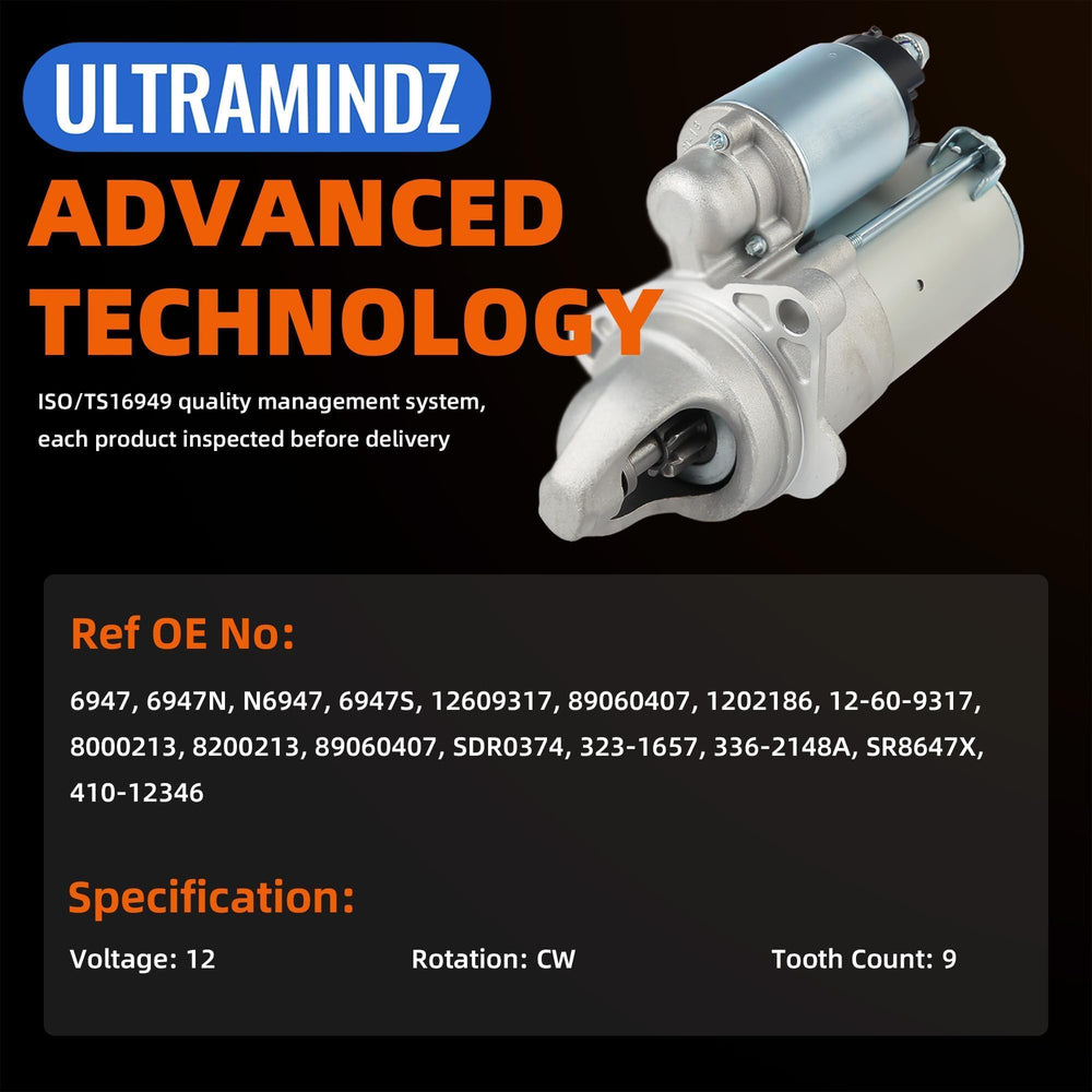 ultramindz starter label and spec plate confirming compatible OE numbers