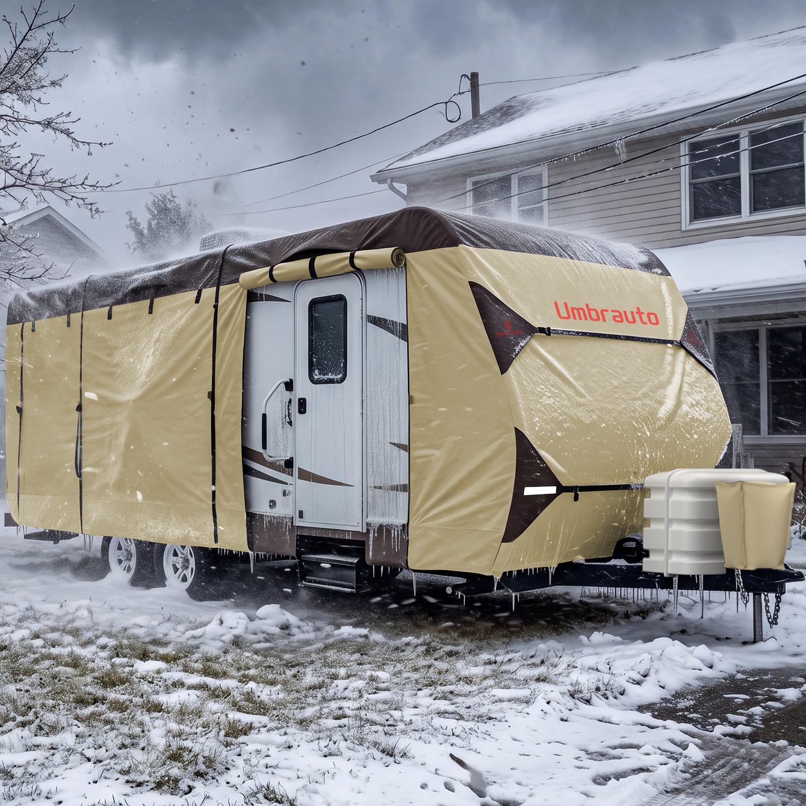 Umbrauto front overview showing full cover protecting trailer from elements