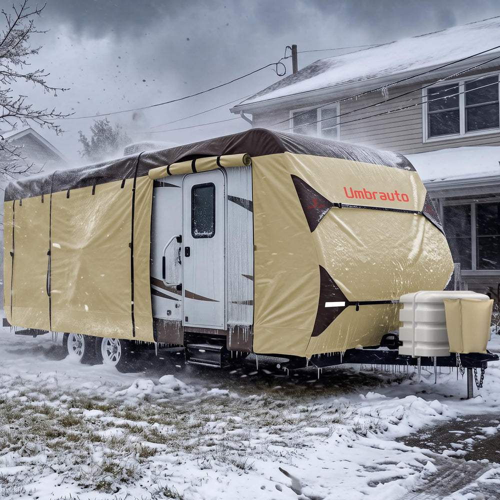 Umbrauto front view of covered travel trailer showing full protection benefit