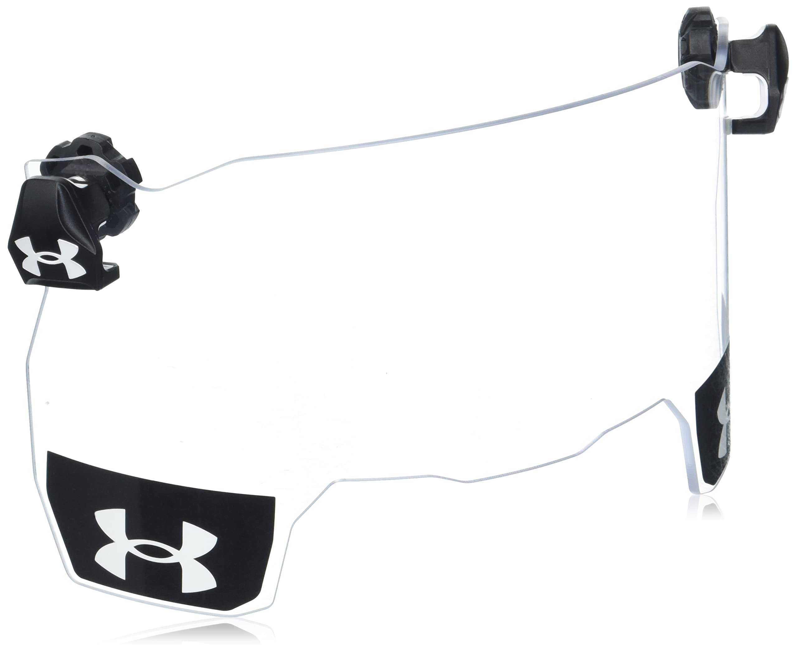 Under Armour visor clip front view showing quick-release tab and branded case benefit clear storage