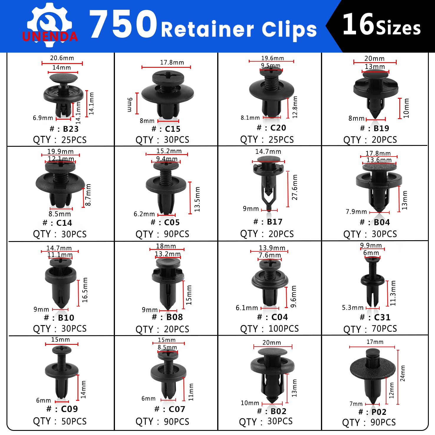 UNENDA close-up of diverse clip types showing head shapes and sizes for accurate matching