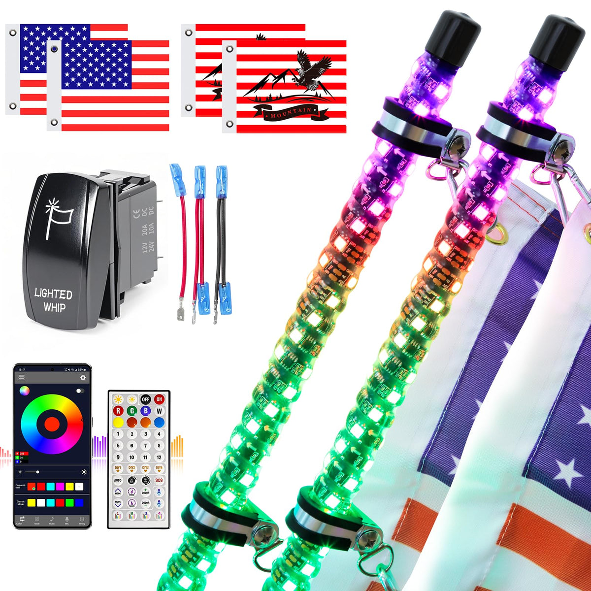 UNI-SHINE front packaging showing both 4ft whips and included accessories for easy installation