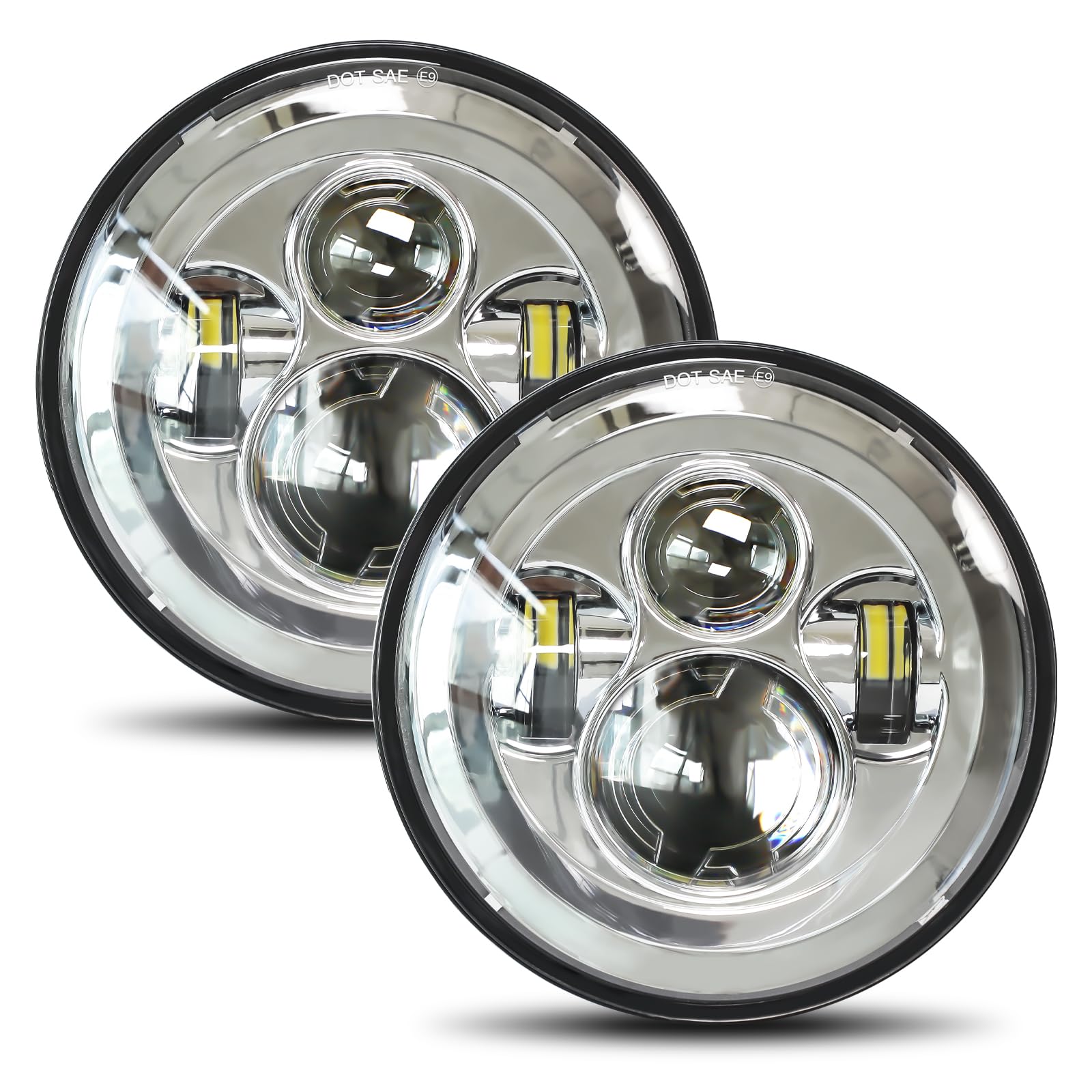 UNI-SHINE front view chrome 7 inch headlight showing clean projector, bright upgrade