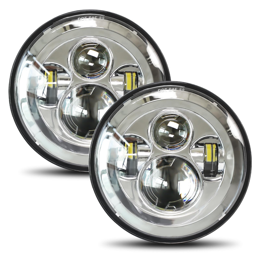 UNI-SHINE front view chrome 7 inch headlight showing clean projector, bright upgrade