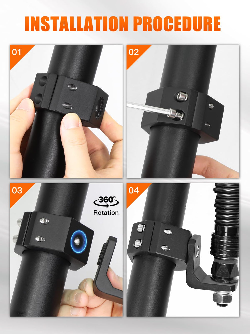 UNI-SHINE mount next to ruler showing fit for 1.75" to 2" tubes and scale