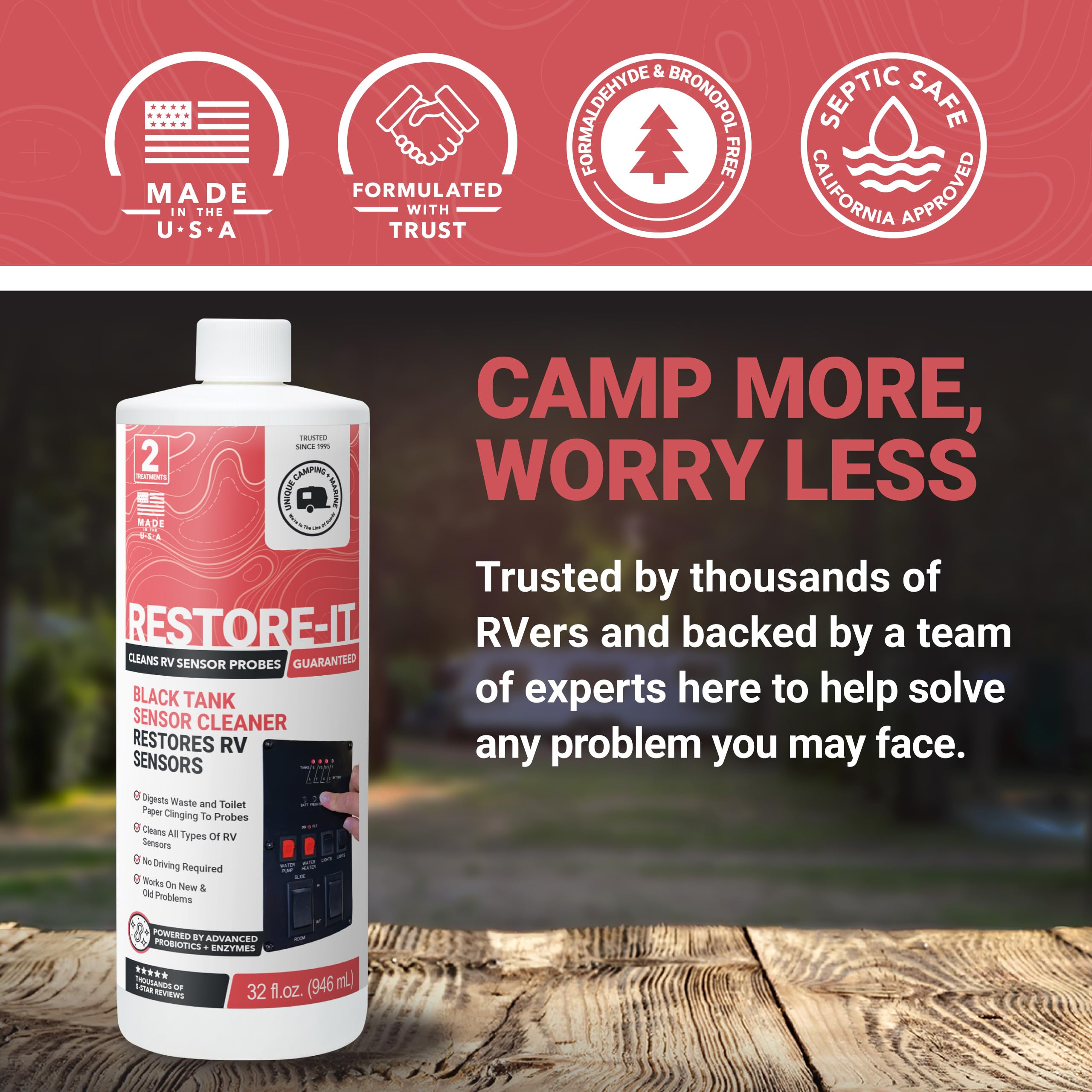Unique Restore-It in an RV bathroom setting suggesting hassle-free maintenance and peace of mind