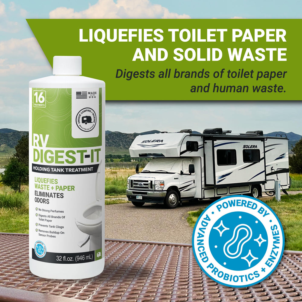 Unique bottle being poured into an RV toilet demonstrating simple application