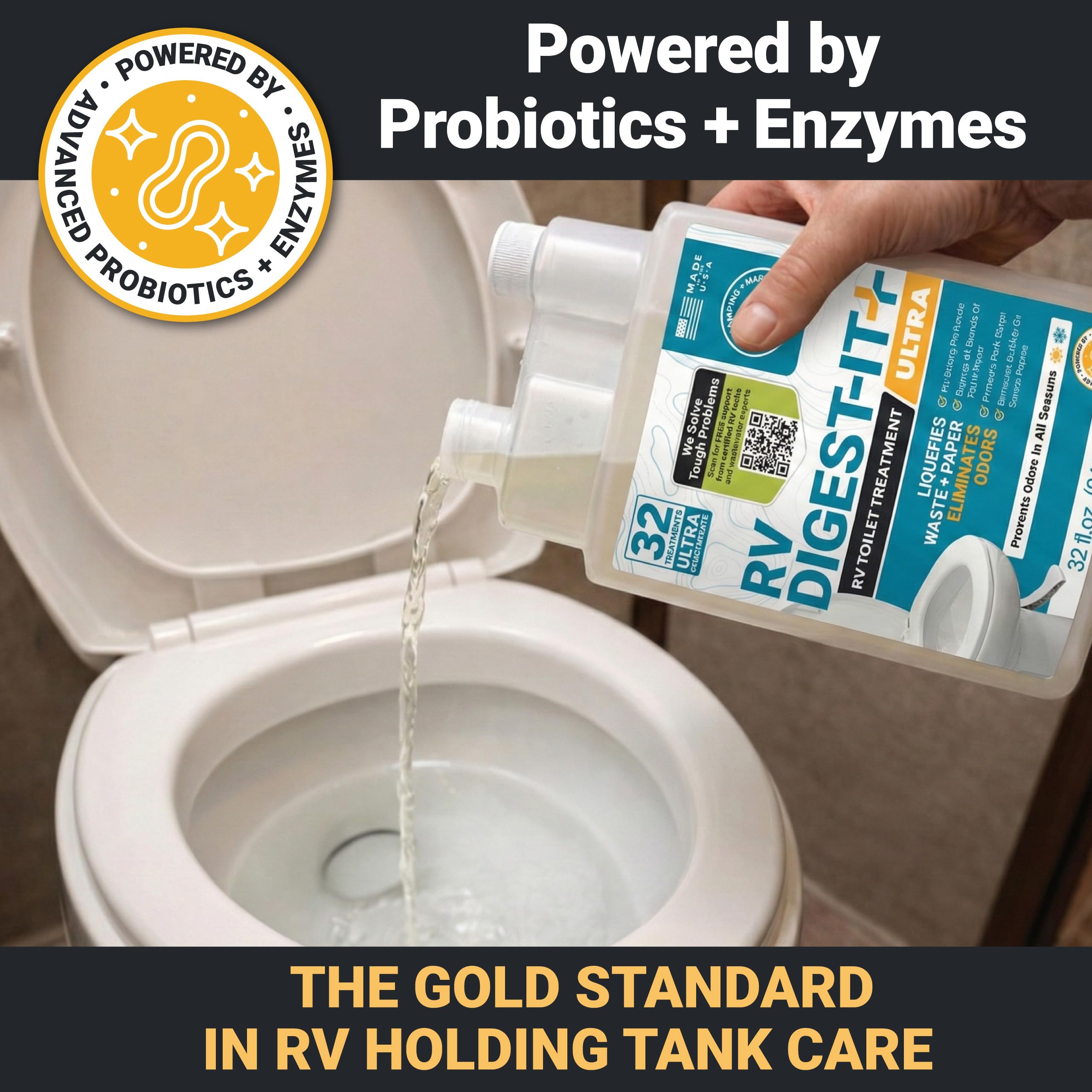 Unique being added to an RV toilet to show use-in-place and simple application benefit
