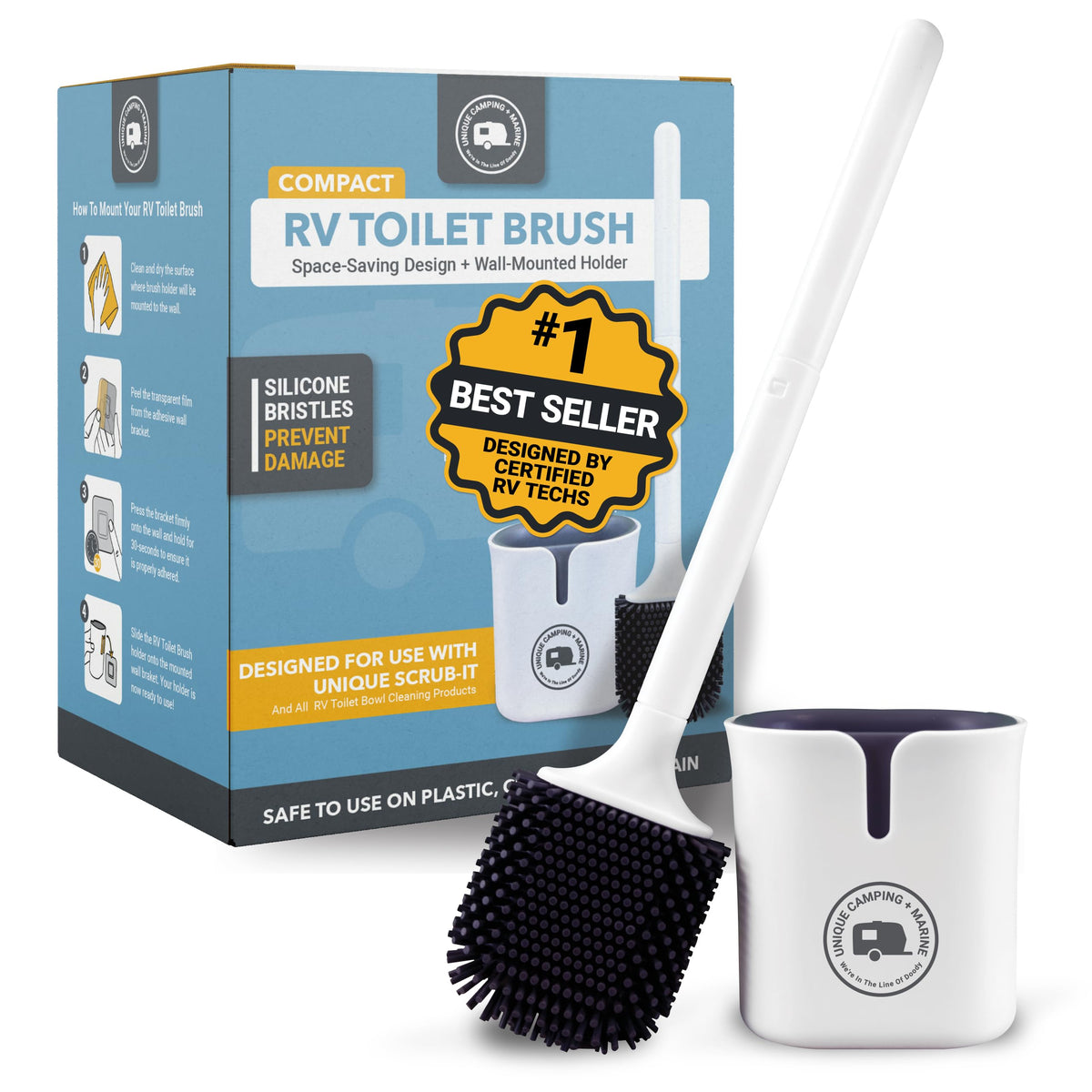 Unique silicone brush front view showing compact holder and upright storage benefit