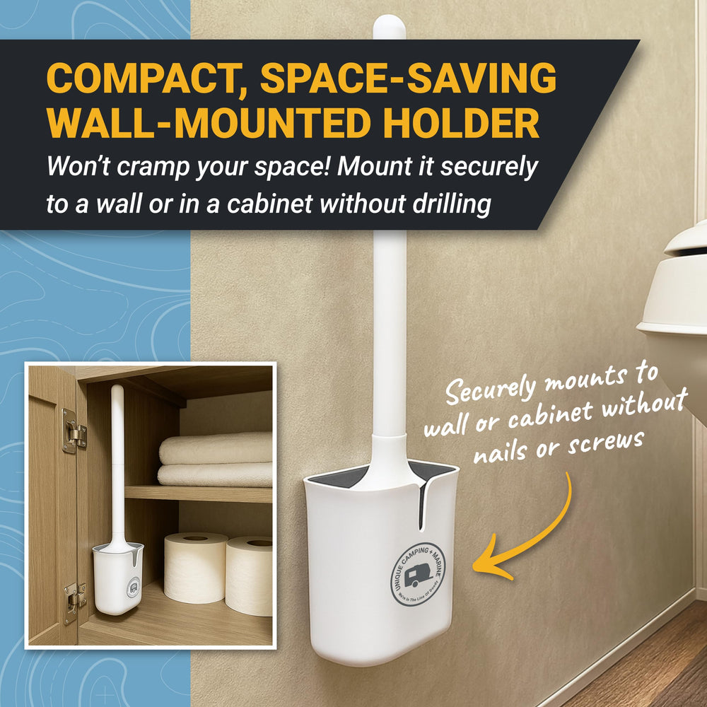 Unique brush next to RV toilet showing slim size and space-saving benefit
