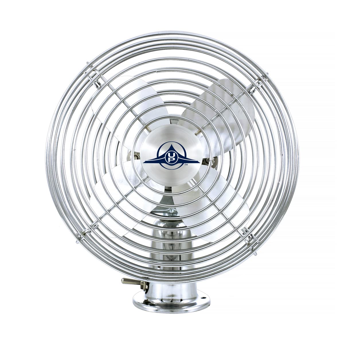 United Pacific 40848 front view showing chrome finish and protective cage for polished cabin airflow
