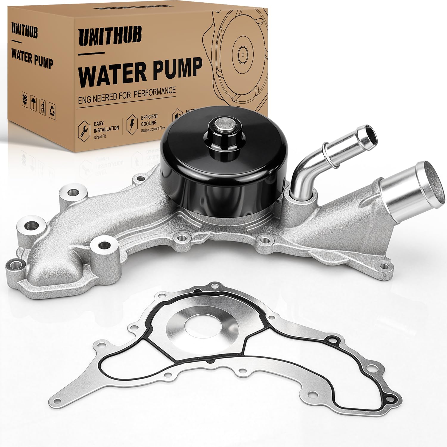 UNITHUB front view of water pump showing mounting points and fitment benefit