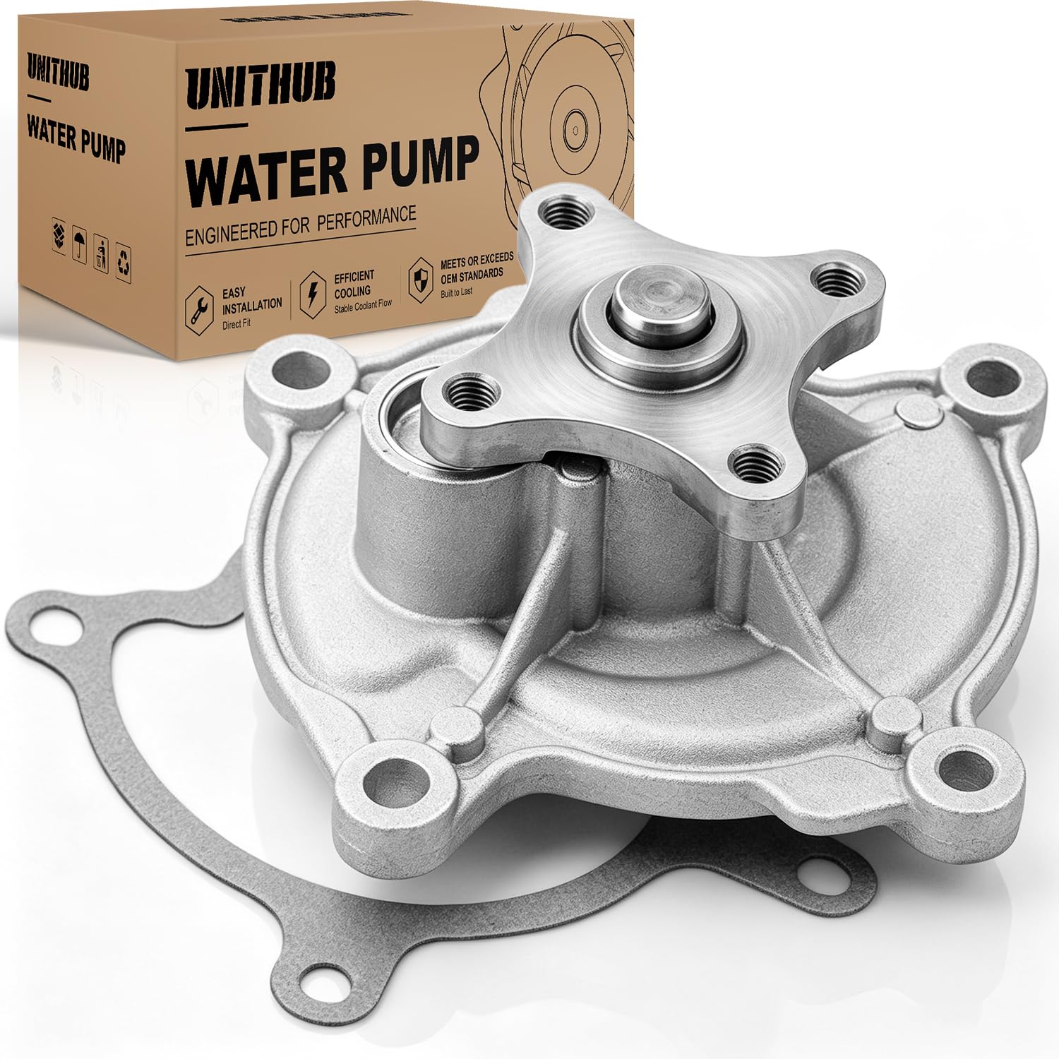 UNITHUB water pump front view showing mounting flanges and bolt pattern for accurate fit