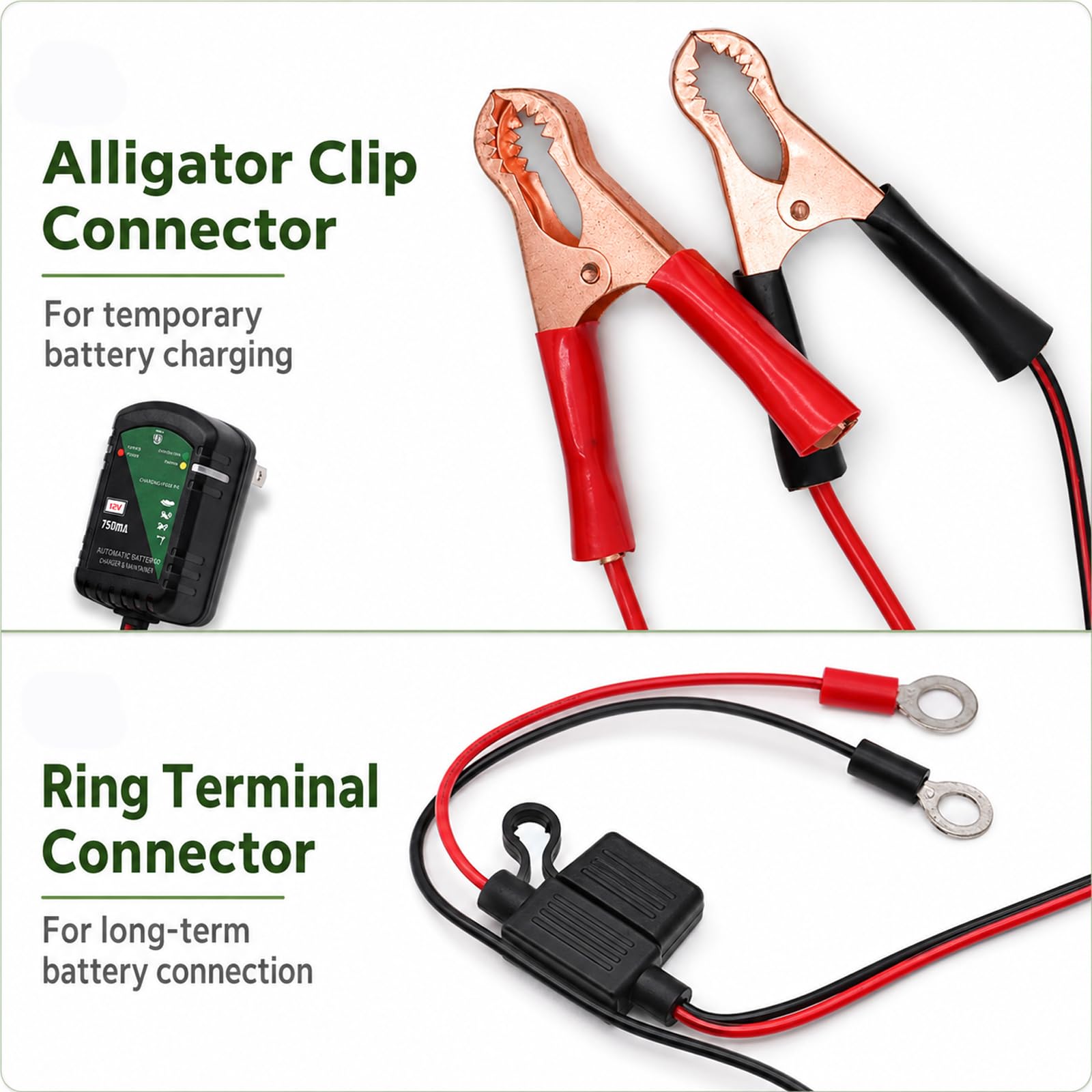 Unocho connected to a motorcycle battery keeping the battery maintained between rides
