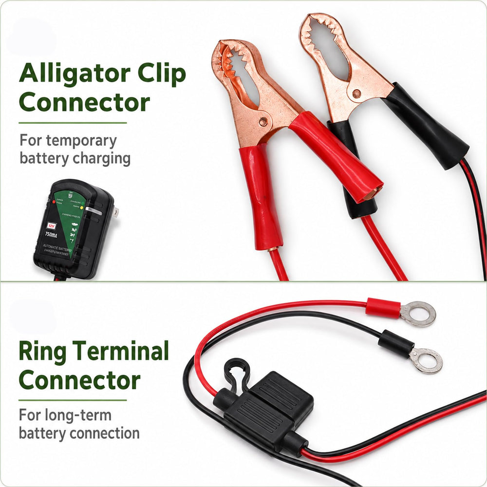 Unocho connected to a motorcycle battery keeping the battery maintained between rides