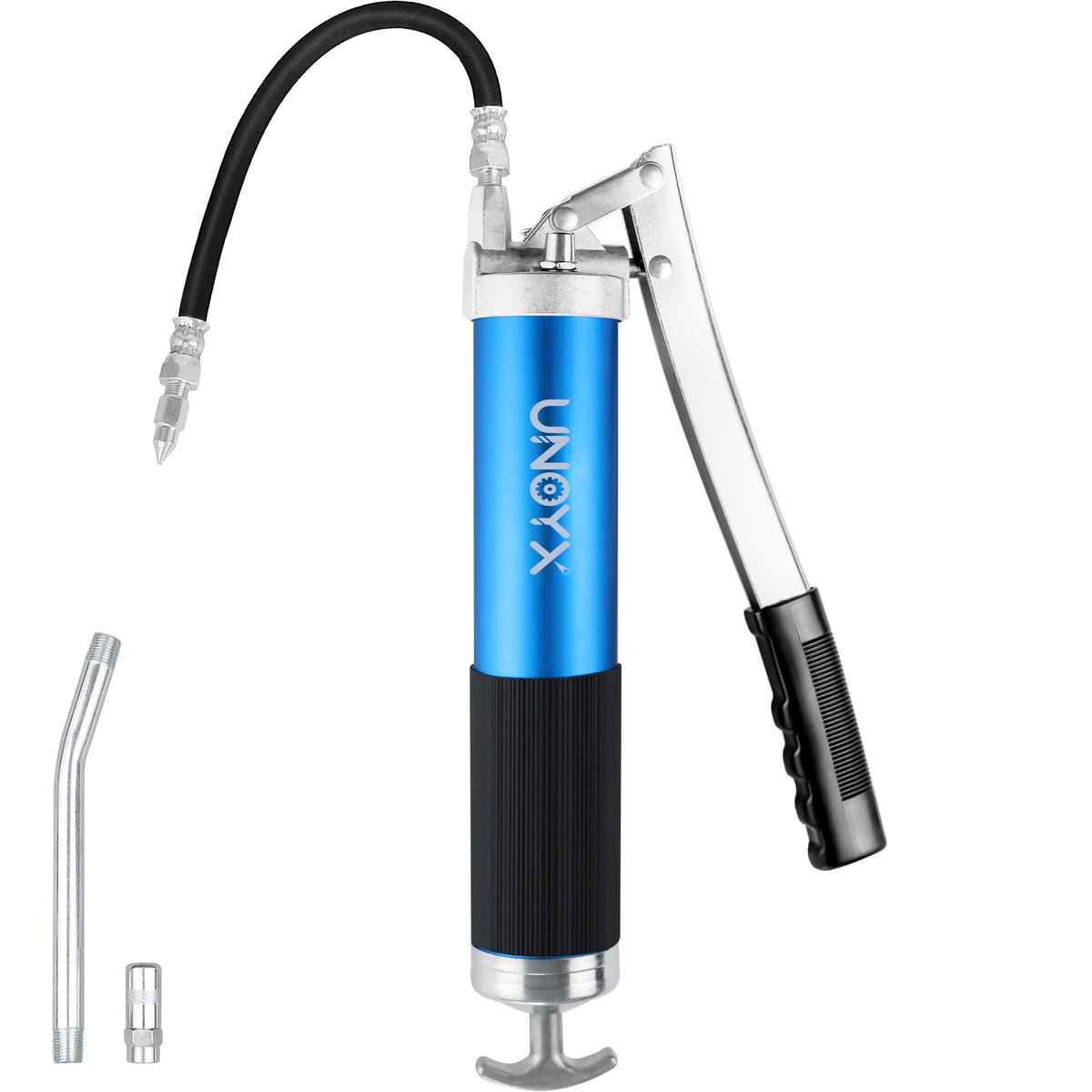 UNOYX front view of grease gun kit showing complete accessories and portability
