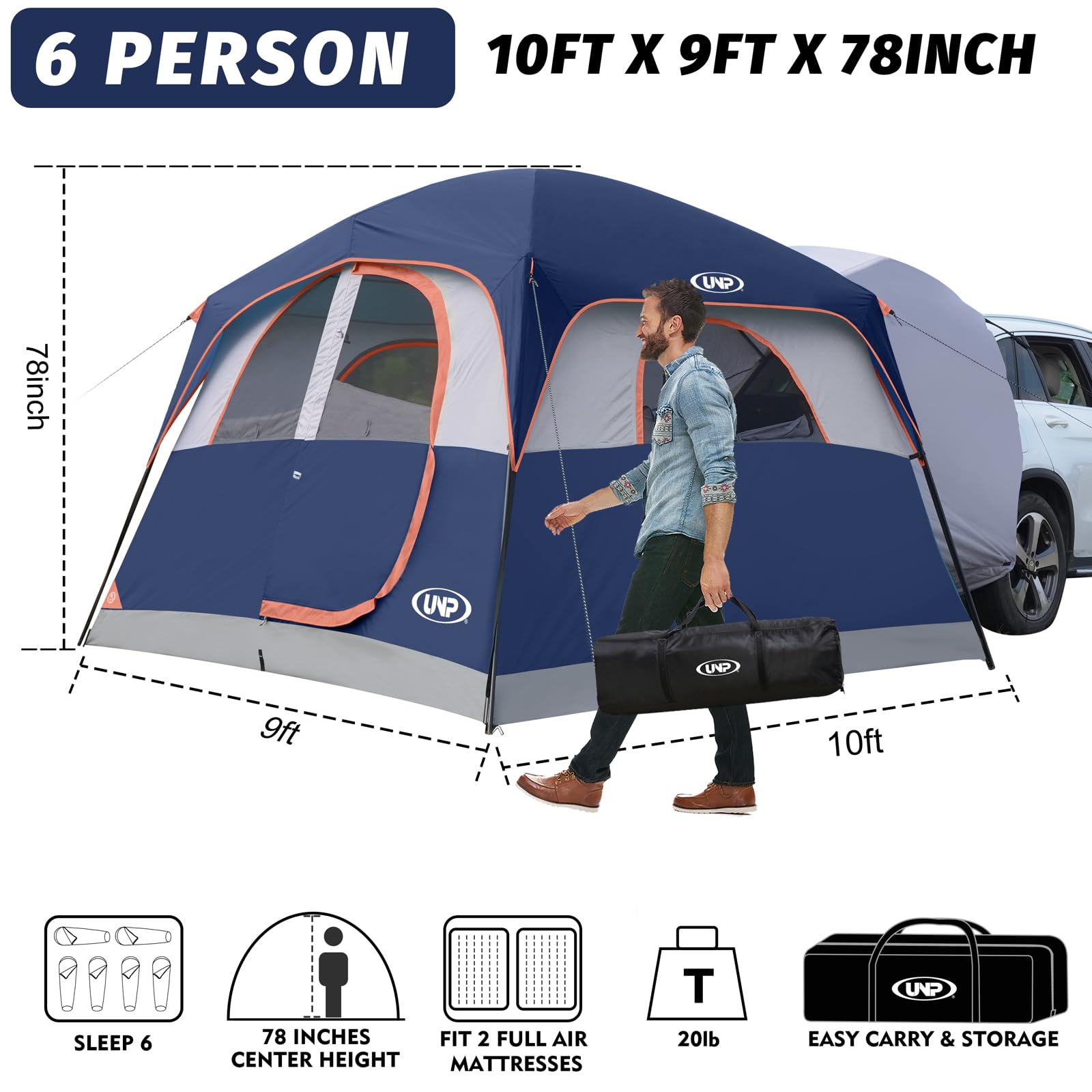 unp tent attached to SUV sleeve offering weather-protected access