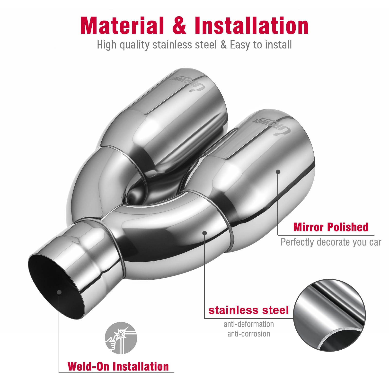 Upower double outlet end profile displaying wider exhaust presence benefit