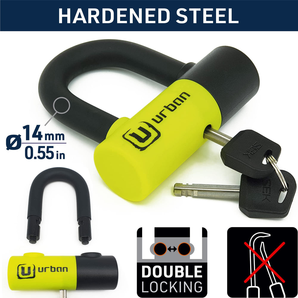 urban UR59 close-up of hardened 14mm U-bar and double-lock for durability