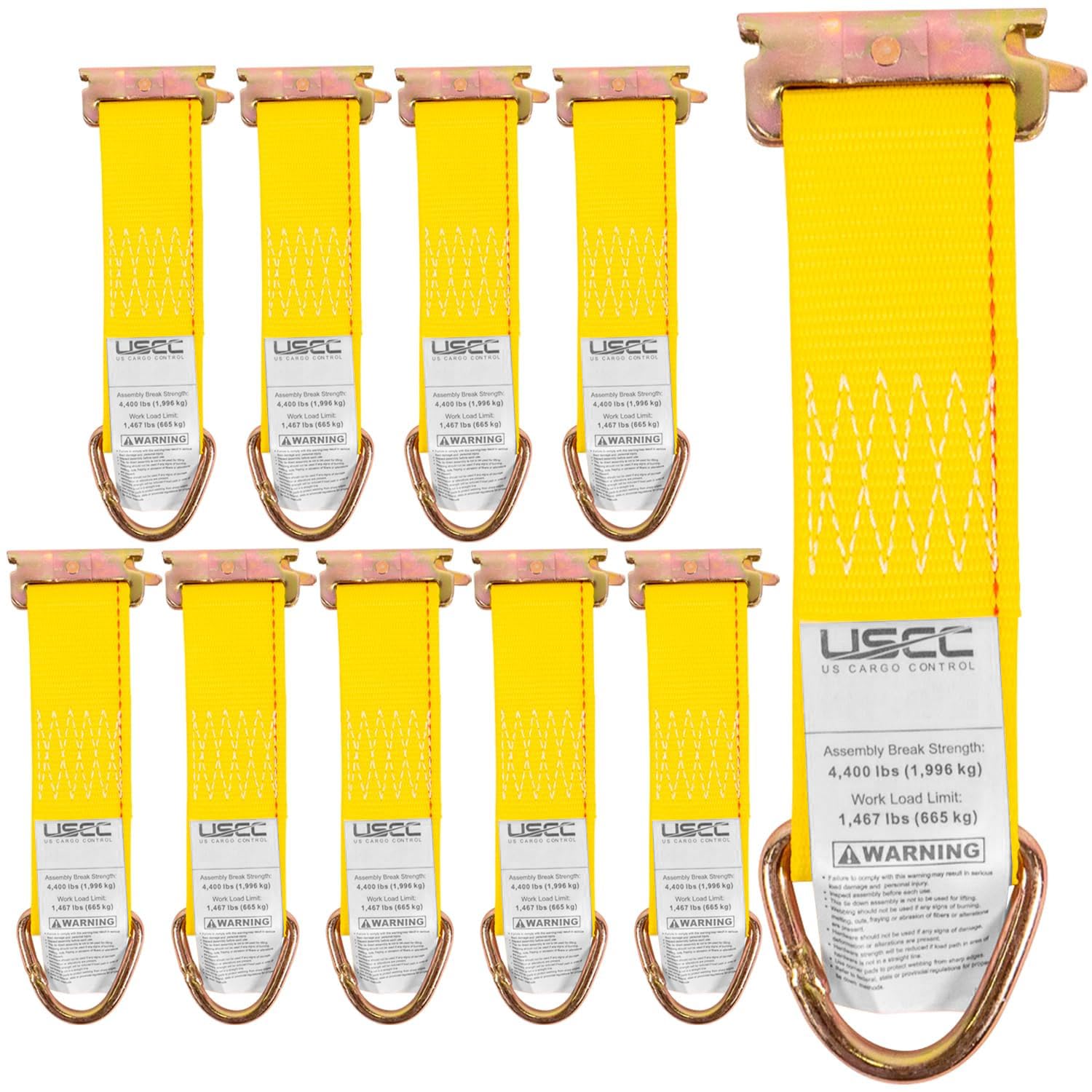US Cargo Control front view of 10-pack E-Track tie-offs showing packaging and color