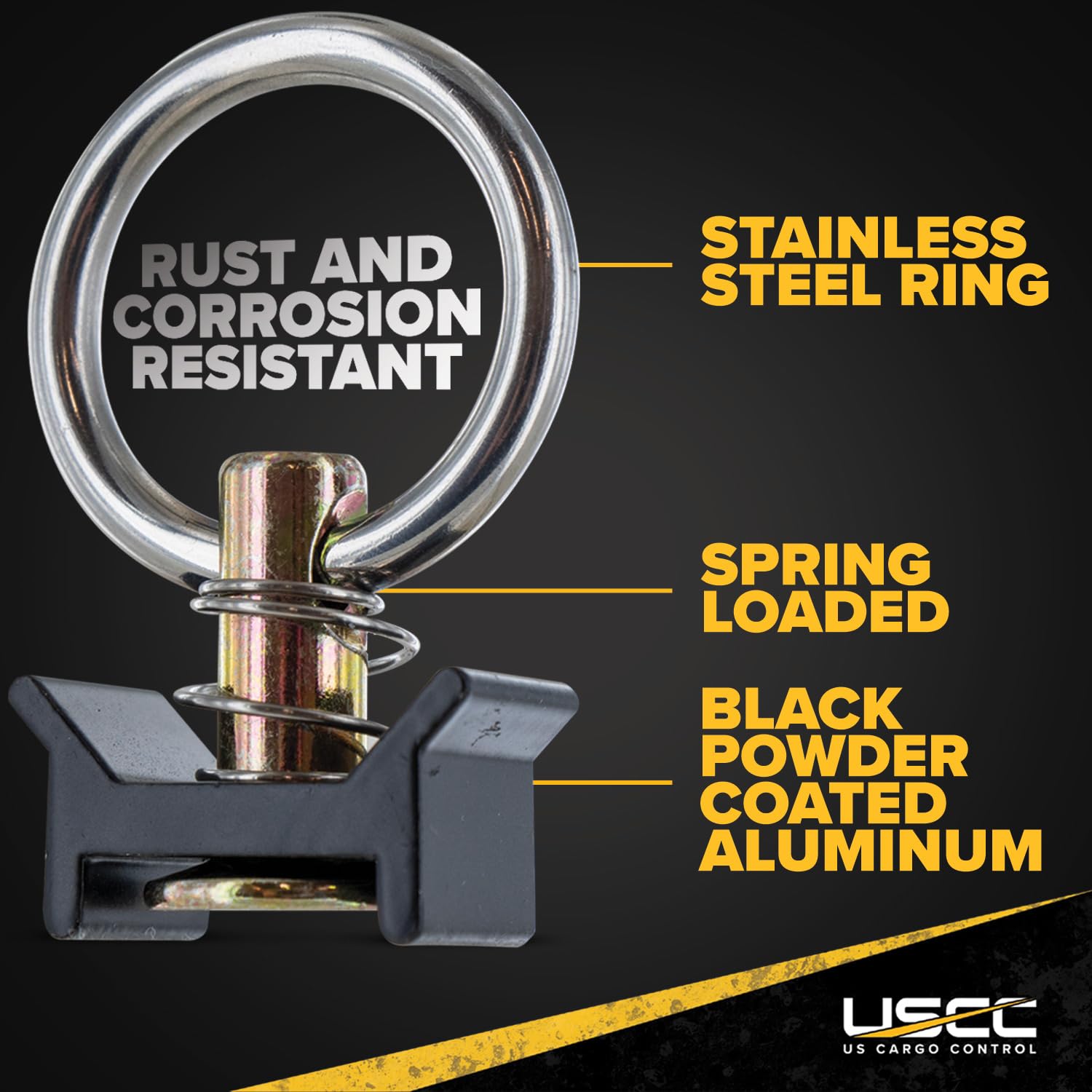 US Cargo Control aluminum keeper and powder-coat detail resisting corrosion and wear