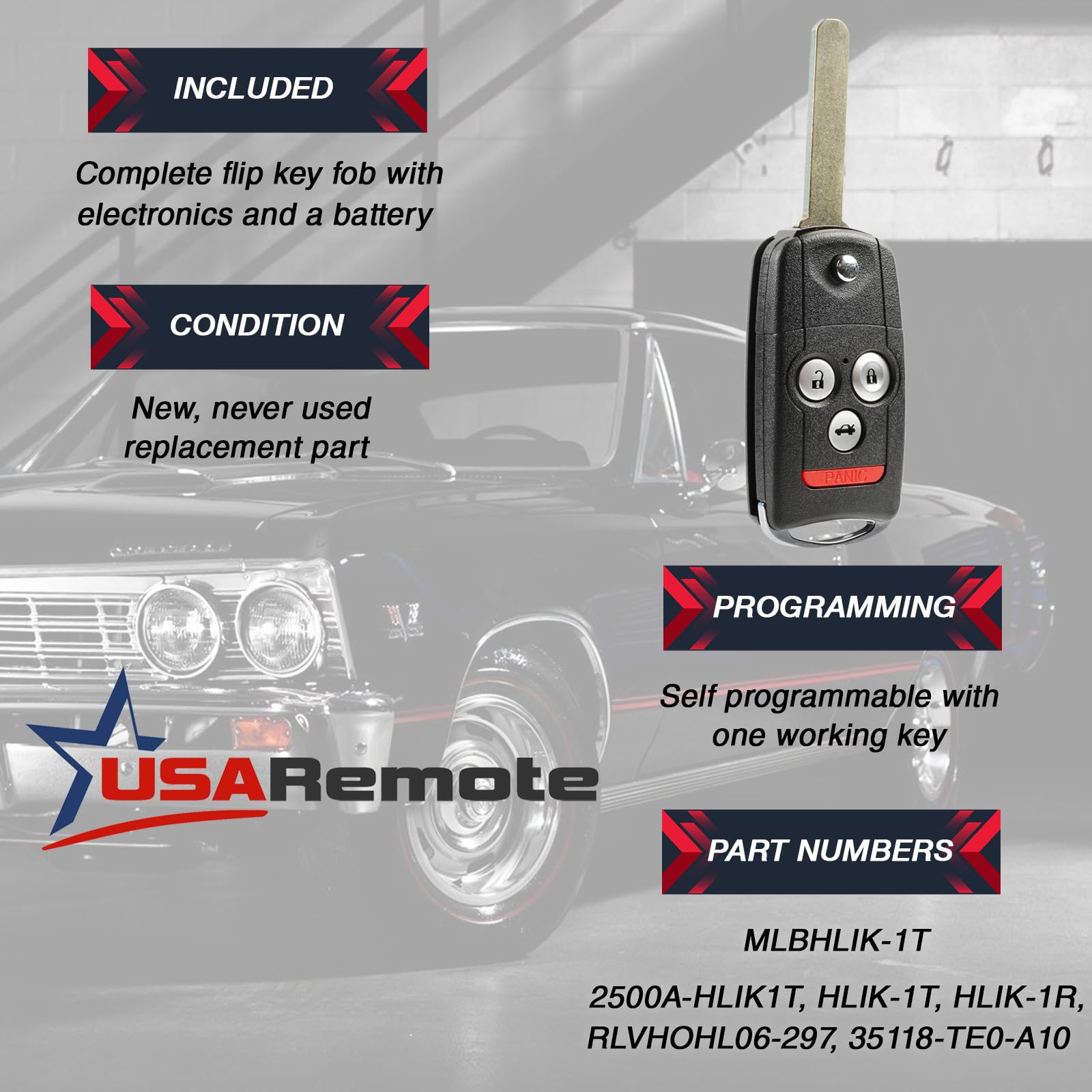 USARemote flip key electronics close-up showing preinstalled circuit and battery advantage
