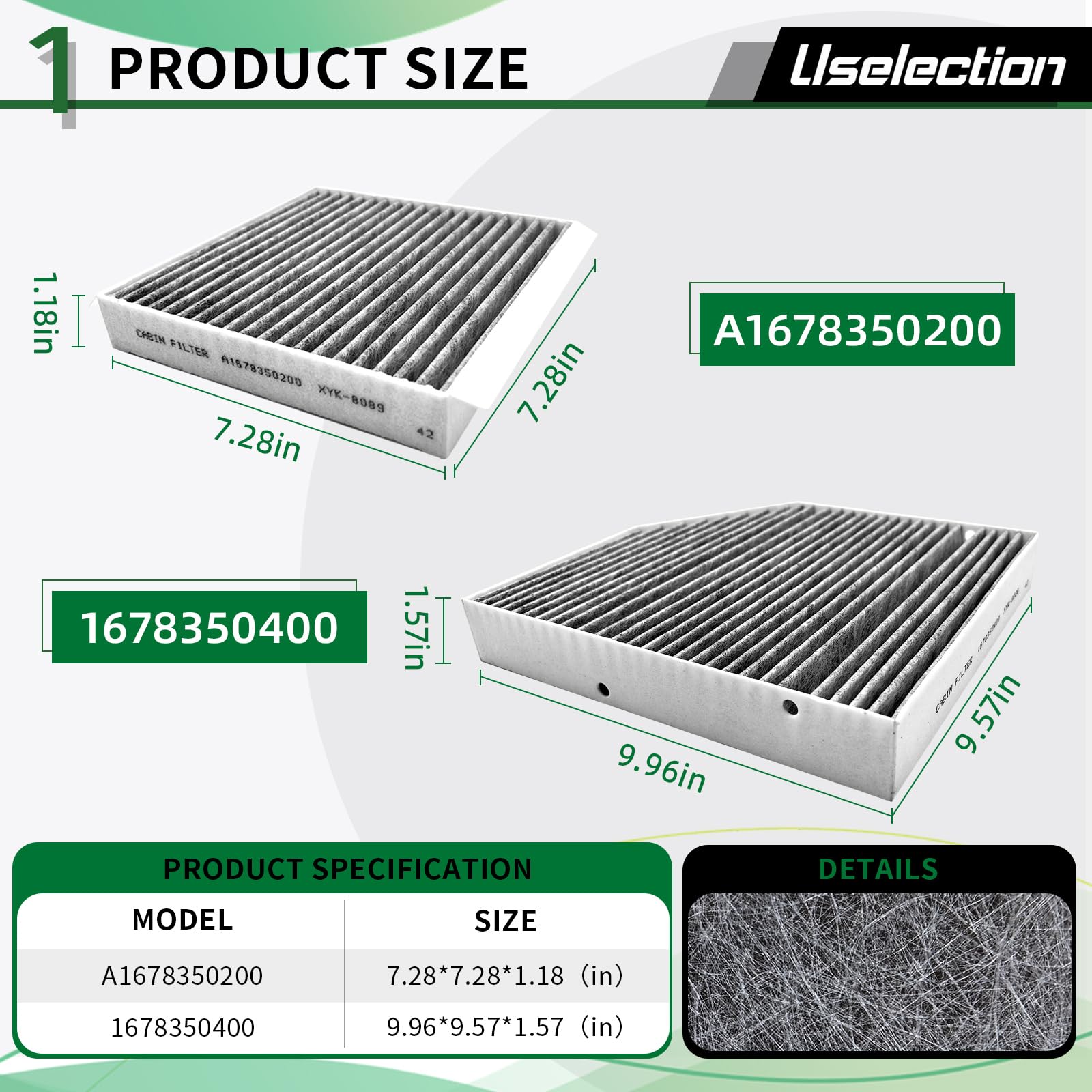 Uselection cabin filter close-up showing activated carbon layer for improved odor control