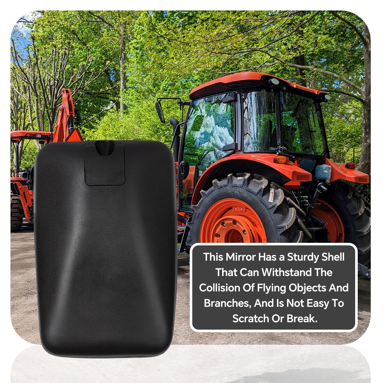 ustintec mirror in field on tractor illustrating water-shedding clarity in rain