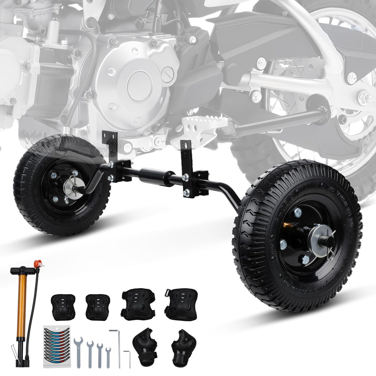 USTPO front-mounted training wheels showing secure attachment and safer rides
