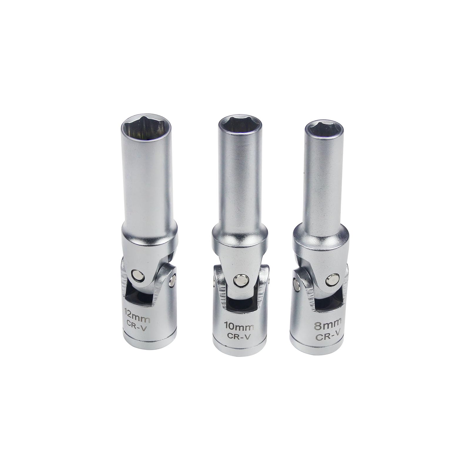 UTMALL three sockets side-by-side showing 8mm 10mm 12mm fit for common plugs