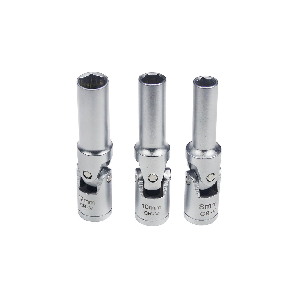 UTMALL three sockets side-by-side showing 8mm 10mm 12mm fit for common plugs