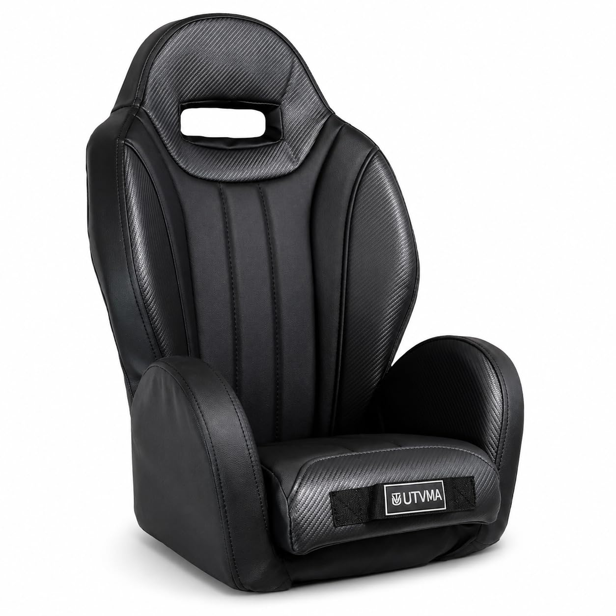 UTVMA front view of kid bucket seat showing compact support and durable build