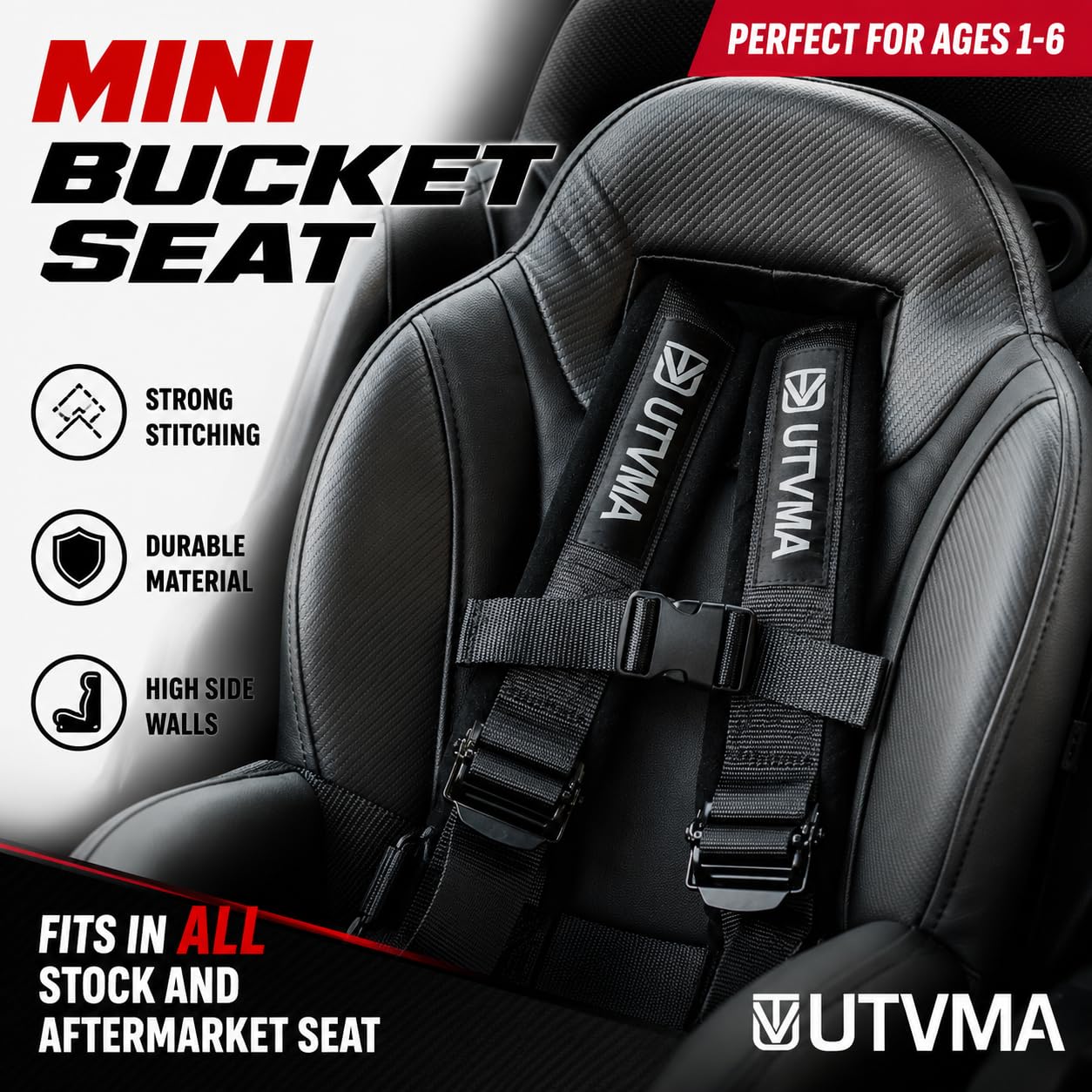 UTVMA side profile displaying bolstered sides for better child positioning