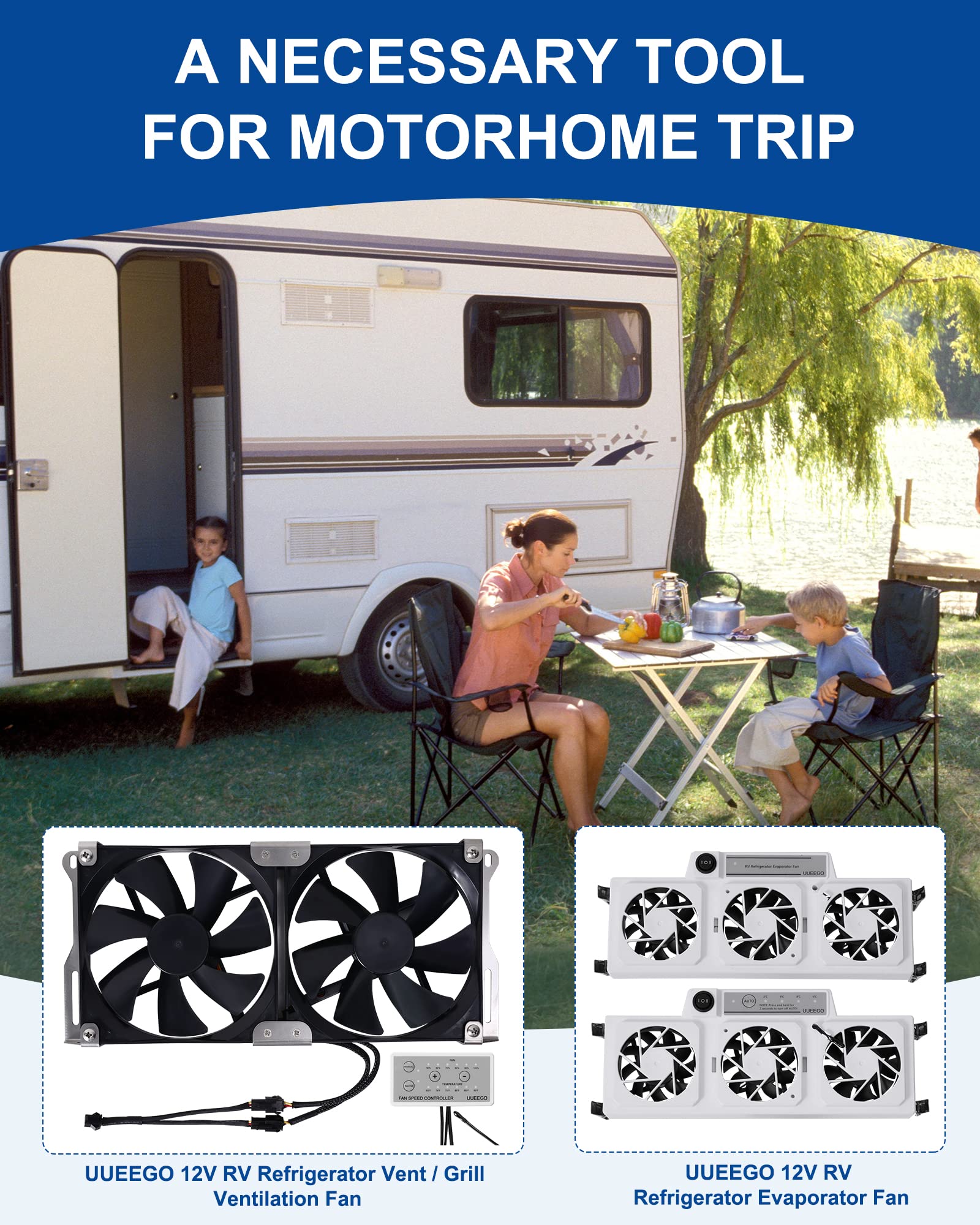 uueeGo installed on an RV at campsite demonstrating quieter, cooler fridge performance