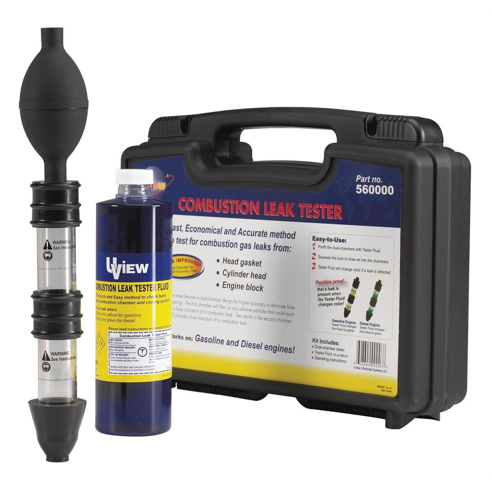 UView 16oz reagent bottle label close-up showing color-changing fluid for clear leak indication