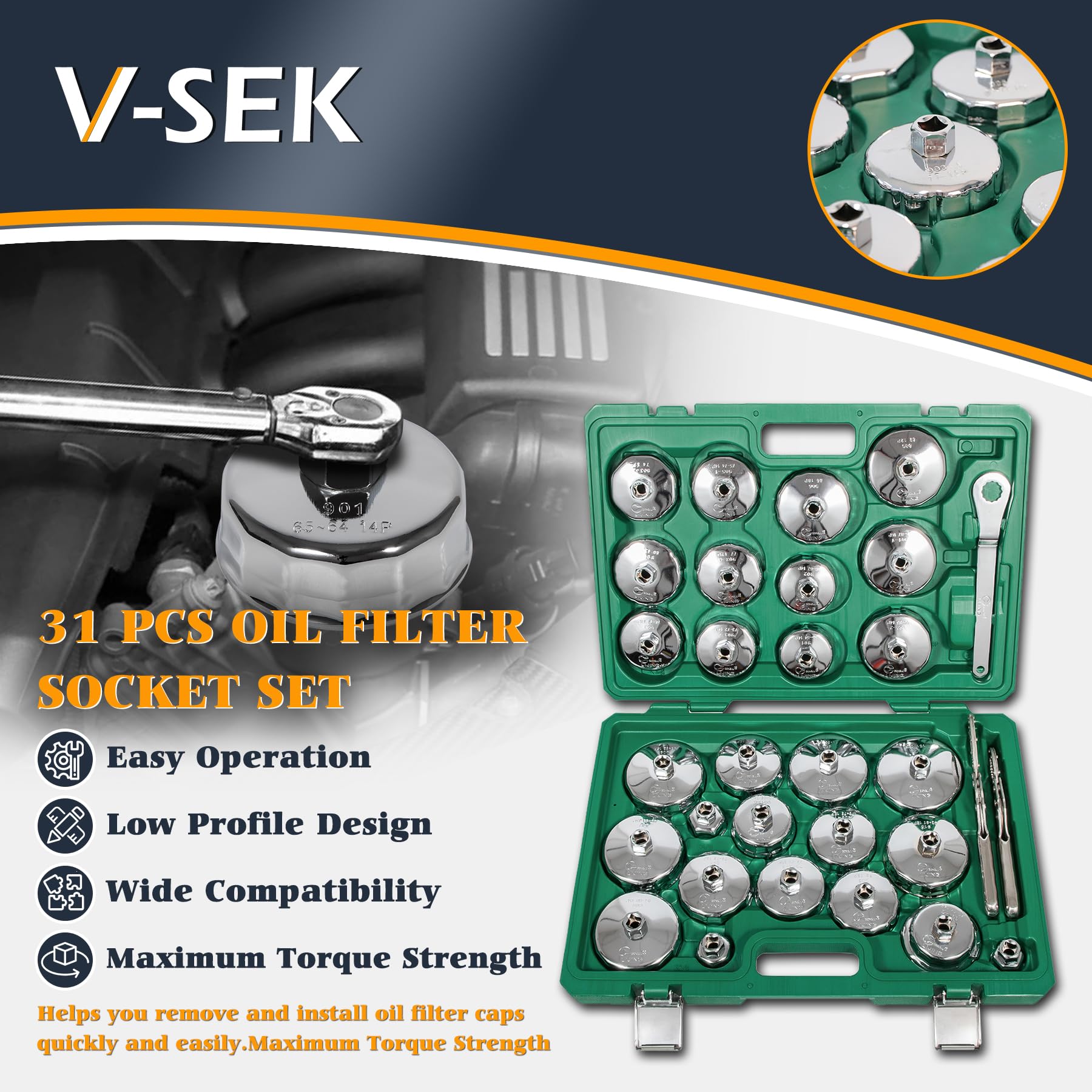 Close-up of V-SEK cup socket stamped metric markings for quick size identification