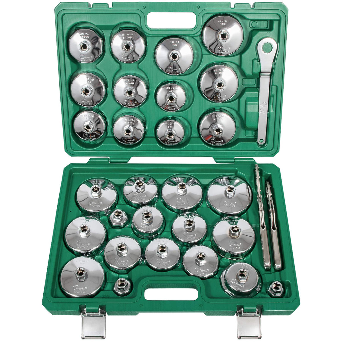 V-SEK front view of full 31-piece oil filter wrench kit showing organized layout and case