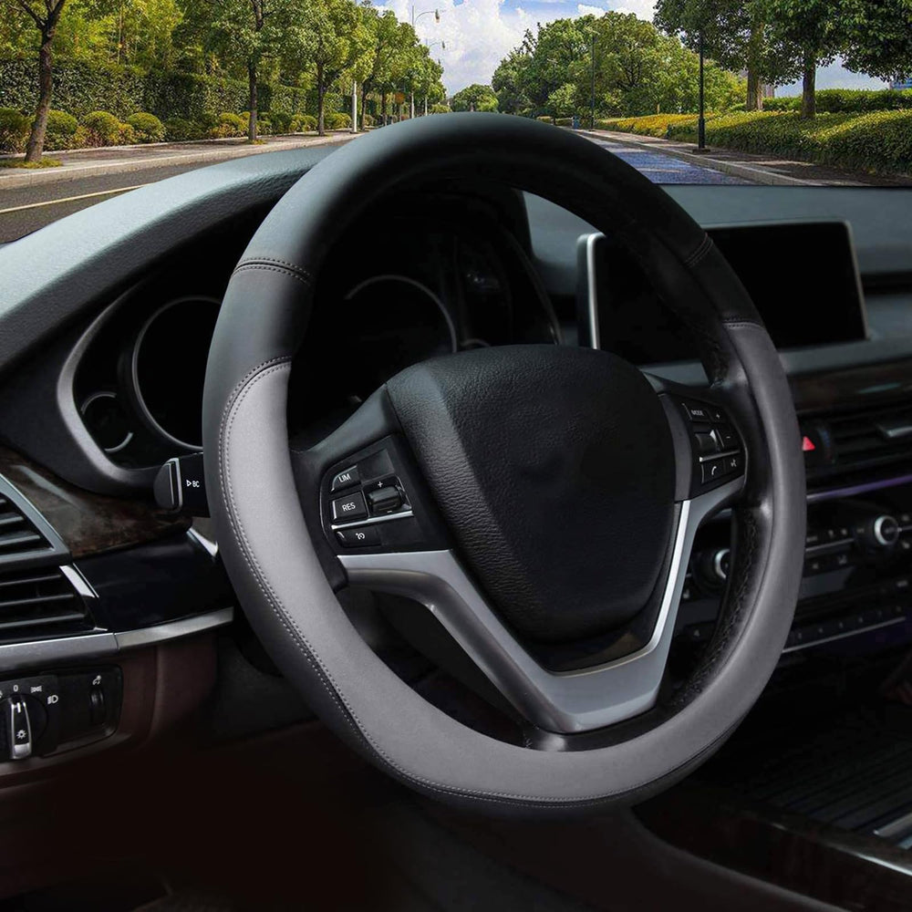 Valleycomfy front view of gray steering cover showing neat fit and styling