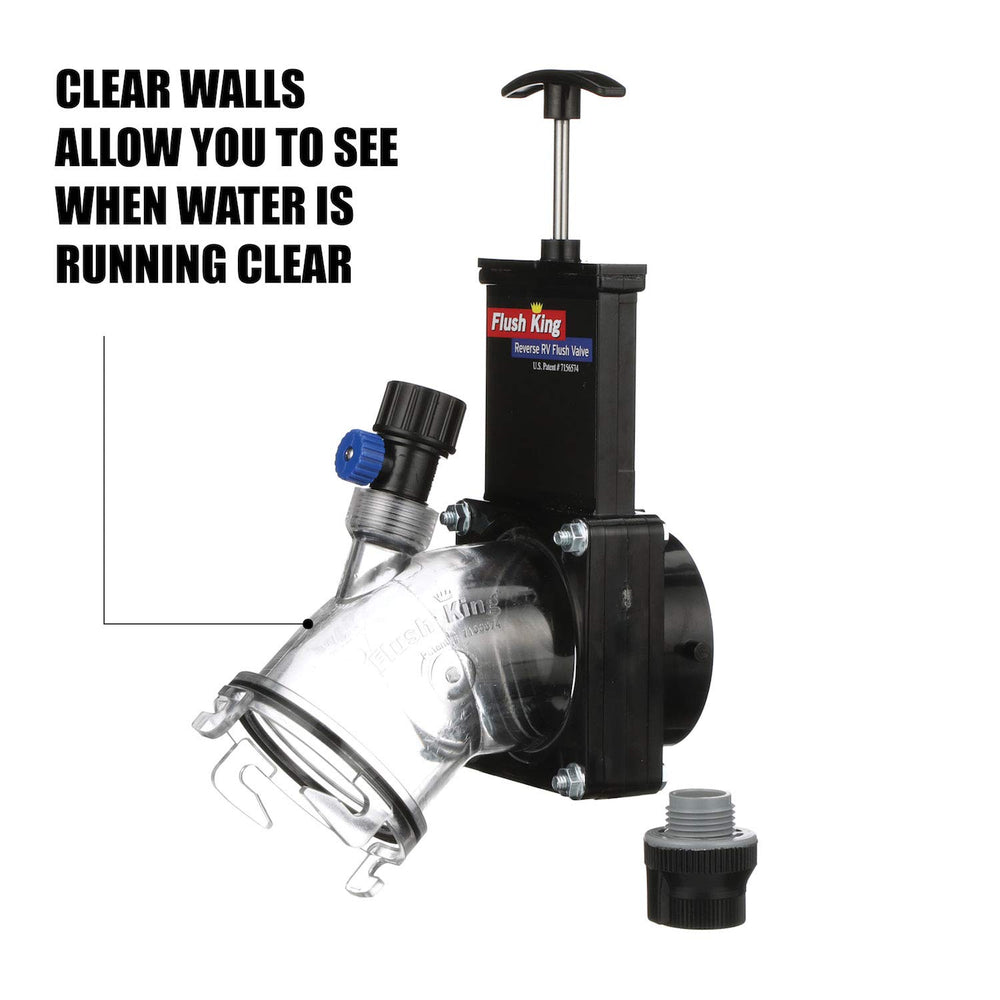 Valterra clear chamber close-up showing visible water flow for rinse verification