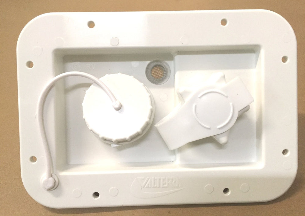 Valterra front faceplate showing gravity and city inlets, easy access benefit
