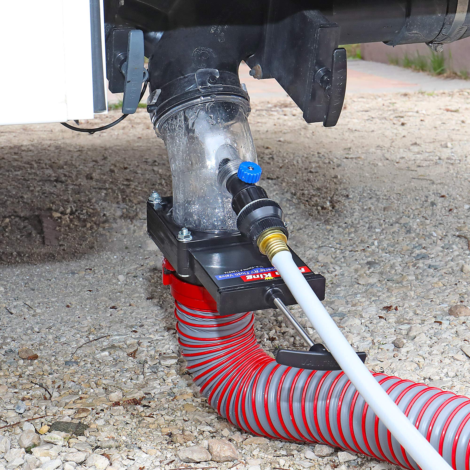 Valterra attached and flushing an RV tank illustrating efficient rinse action